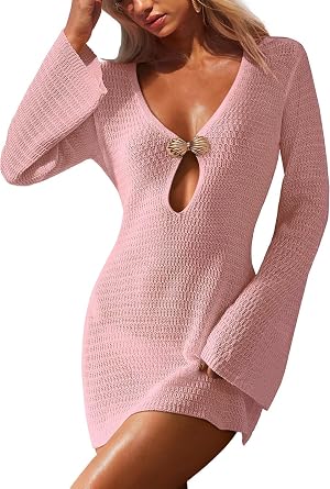 Women Beach Cover Ups 2026 Summer Crochet Knit Swimwear Mesh Bathing Suit Hollow Out Dress Swimsuit Vacation Clothes