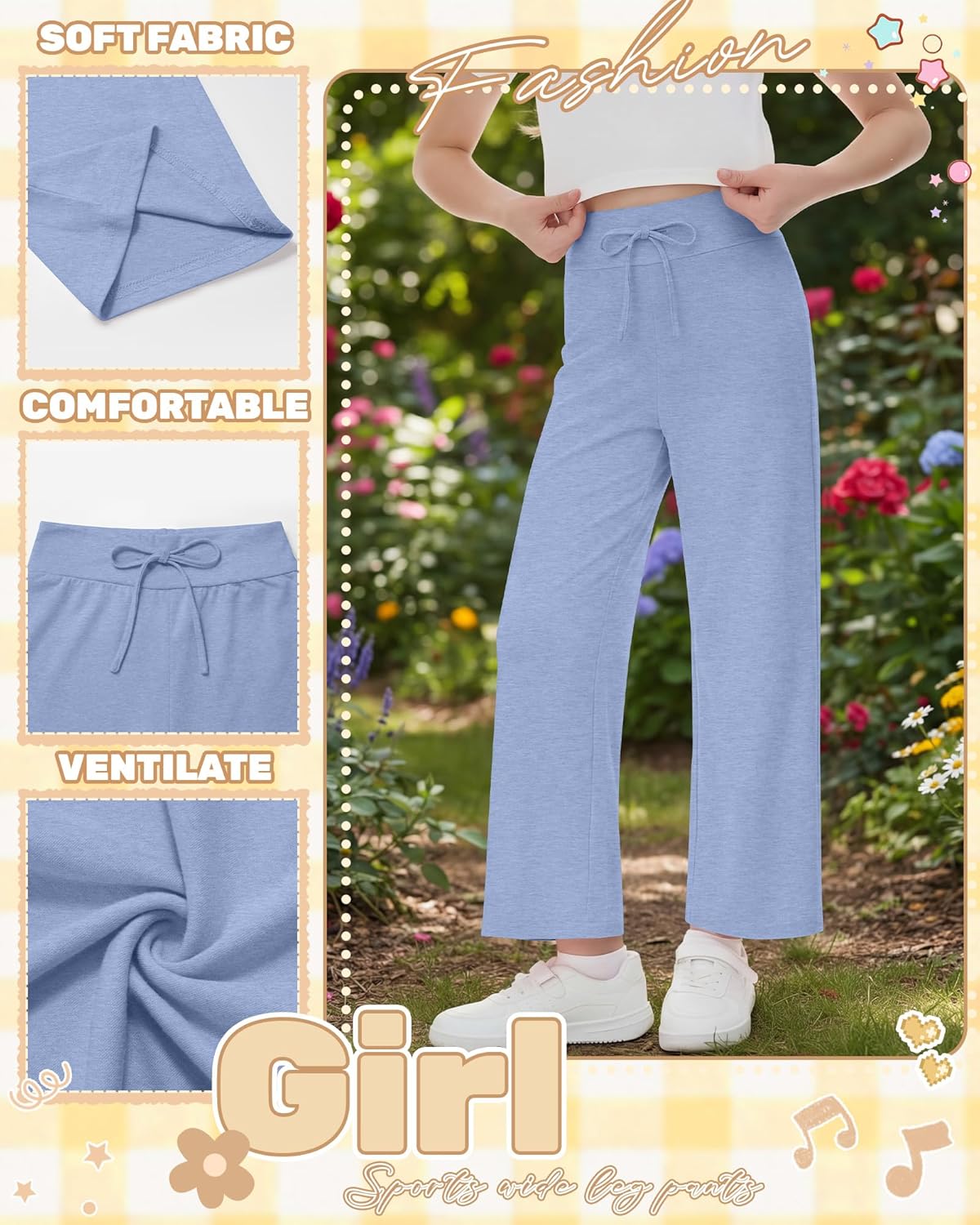 3 Pack Girl's Wide Leg Pants Elastic Waist Lightweight Joggers Kids Drawstring Casual Flowy Sweat Pants 5-14 Years