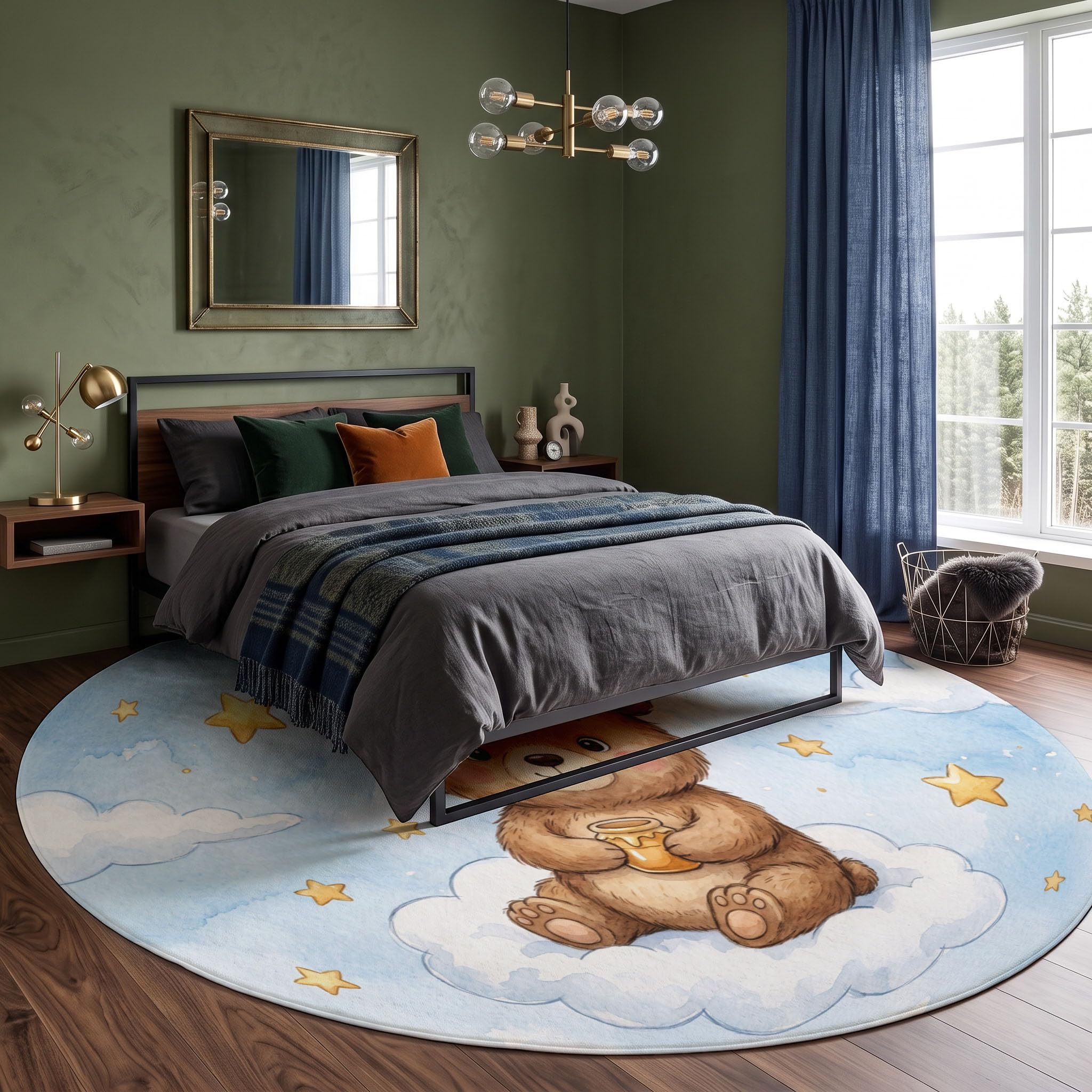 Tappeto Rotondo Nuvole Orso Bruno Stelle Tappeti | 180cm Salotto Lavabile in Lavatrice Antiscivolo Simpatici Animali Ad Acquerello Tappeto Cameretta Scendiletto Camera Da Letto Ufficio