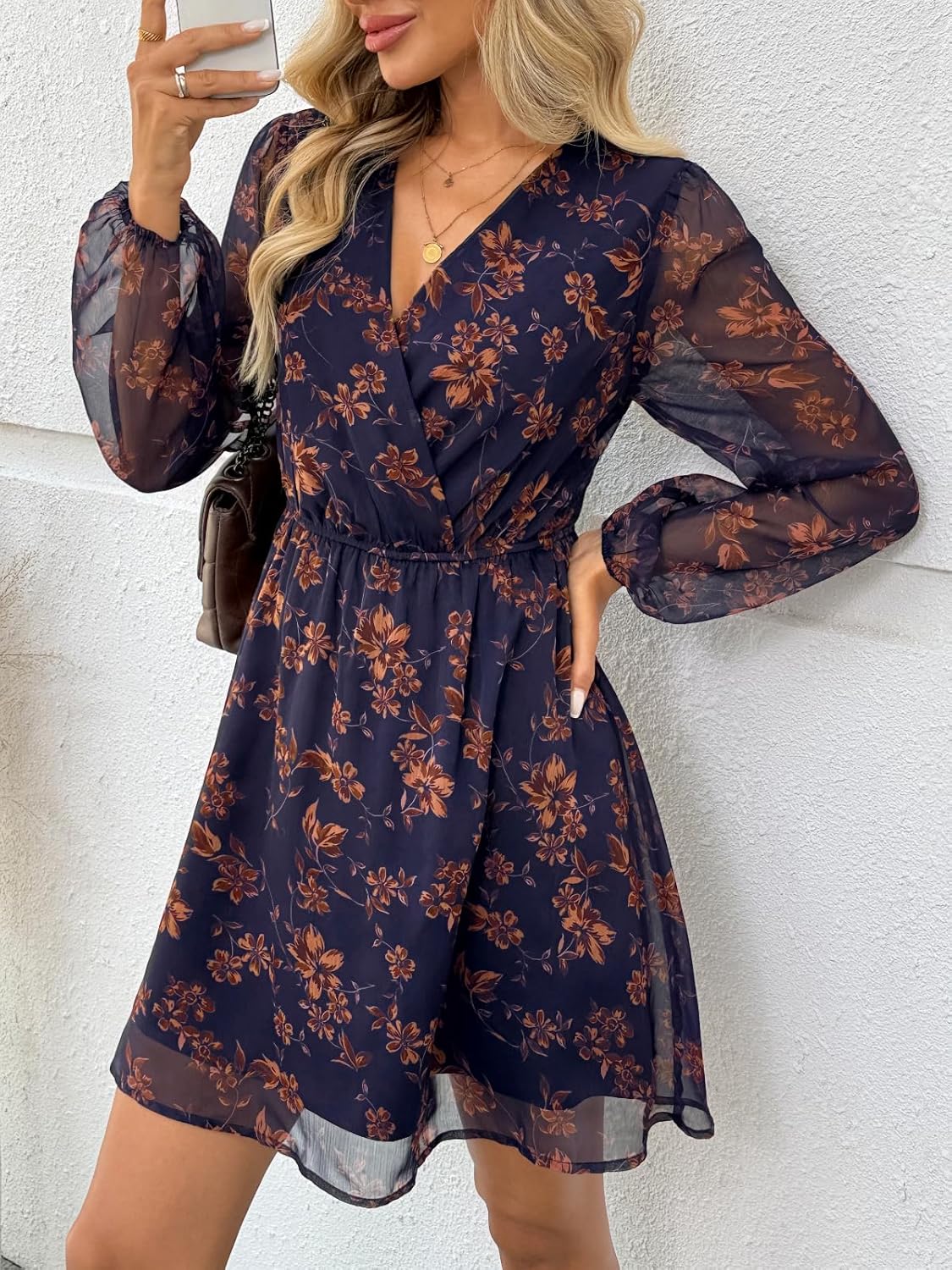 LILLUSORY Womens Long Sleeve Wedding Guest Dresses Winter 2026 Casual Fall Fashion V Neck Mini Chiffon Dress Flowy Clothes - Image 3