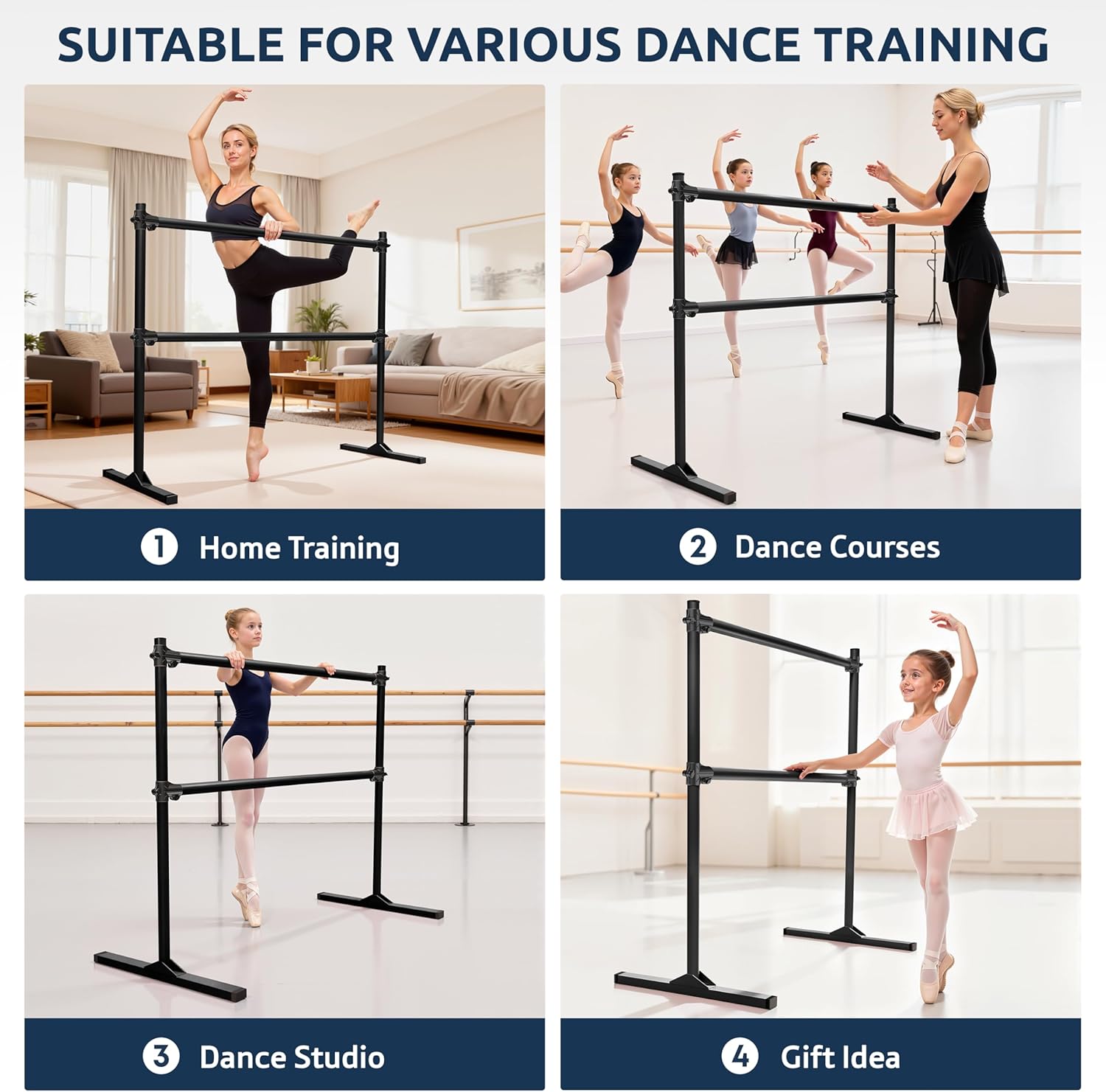 4FT Height Adjustable Ballet Barre, Freestanding Ballet Bar, Heavy Duty Dance Bar Support, Sturdy Construction, Anti-Slip for Kids Adult, Home and Gym use