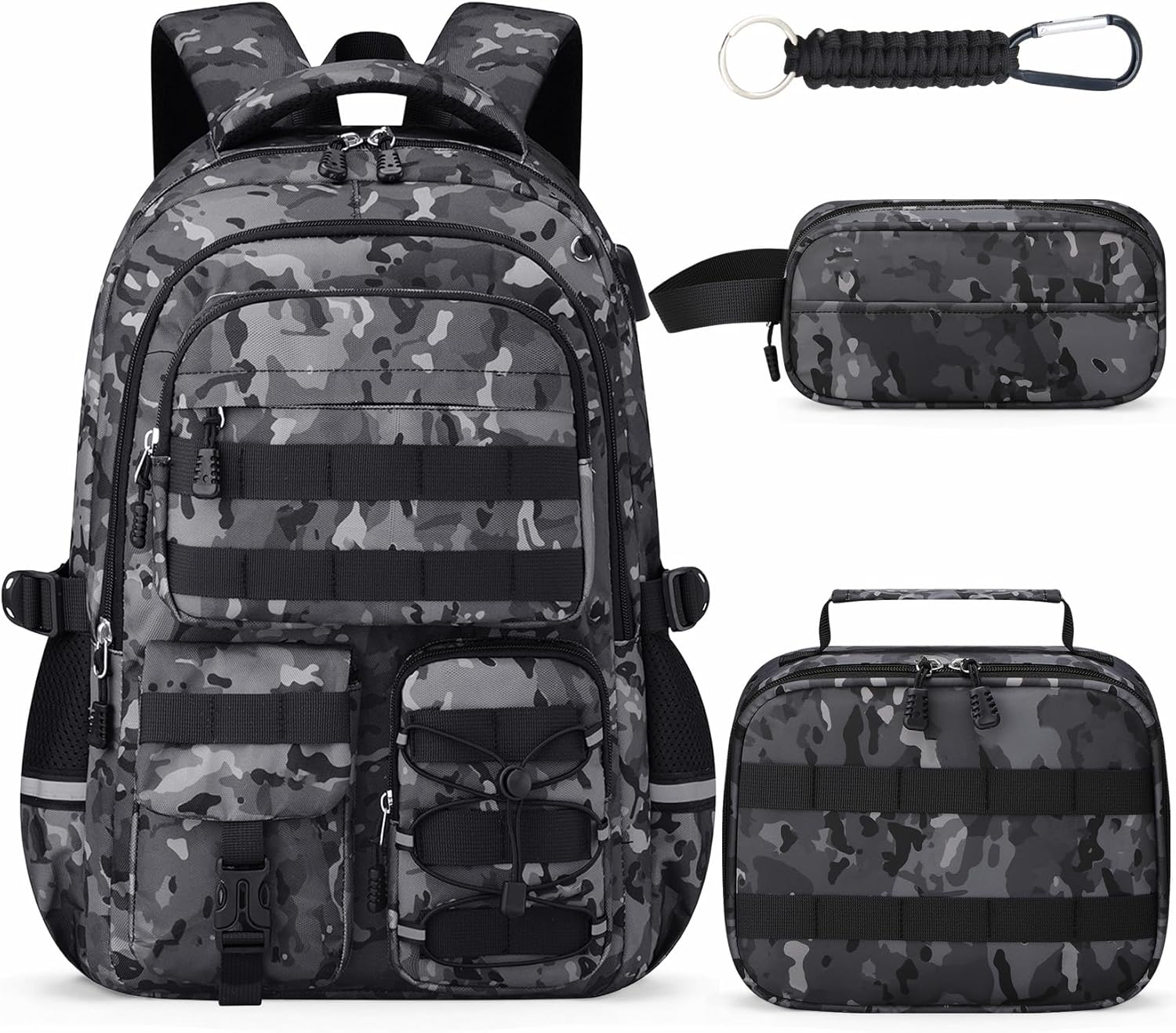 School Backpack for Boys - 4pcs Camo Boys Backpack with Lunch Box Set for Kids Teens Elementary Middle High School - 18" Camouflag School Bookbag with Multiple Pockets
