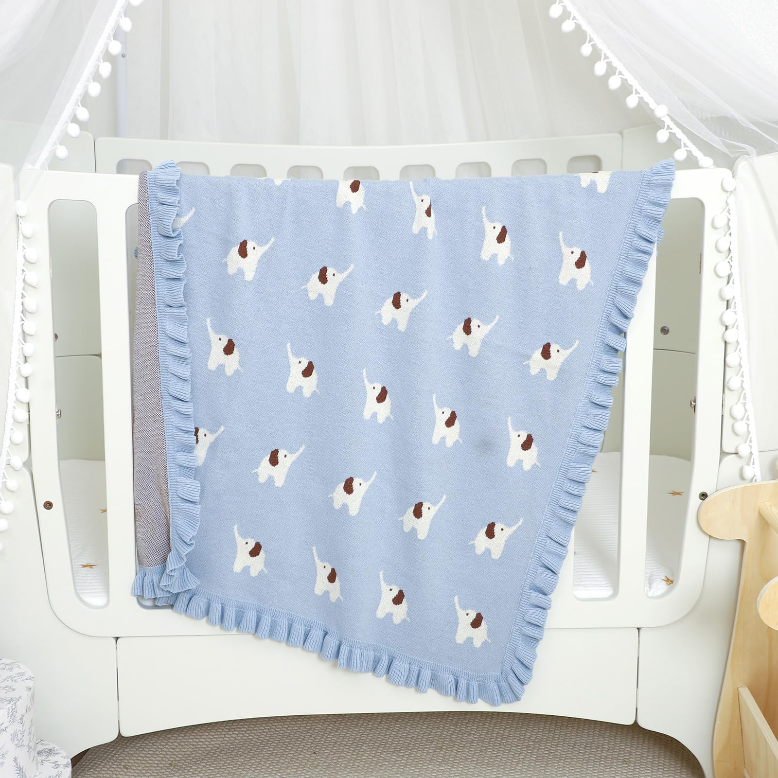 mimixiong Cotton Baby Blanket Soft Knit Ruffle Blankets Cartoon Elephant for Newborn Boys and Girls (Light blue) - Image 2