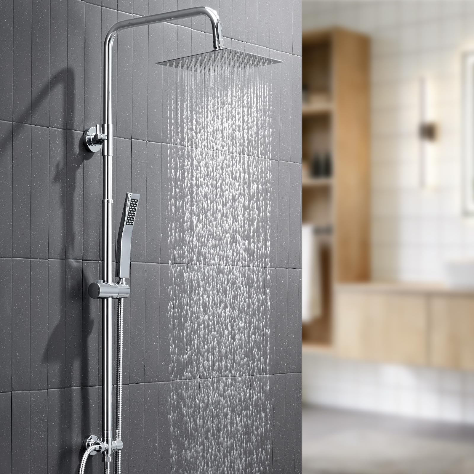 Auralum Regendusche ohne Armatur, Duschsystem Edelstahl mit Regendusche Duschkopf 20cmx20cm eckig, Duschgarnitur mit Messing-Wasserteiler, Höhenverstellbar Duschstange, Shower für Badezimmer, Chrom