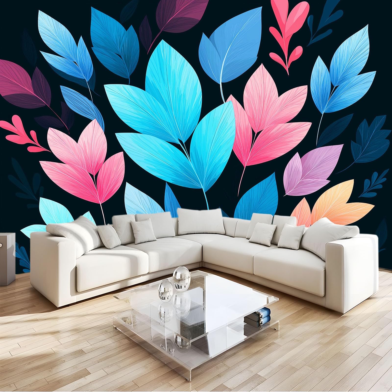 Panoramiczna tapeta 250 x 175 cm (szer. x wys.), czarna włóknina malowidła ścienne - kreskówka śliczne kolorowe liście dekoracja ścienna do salonu przedpokoju biura
