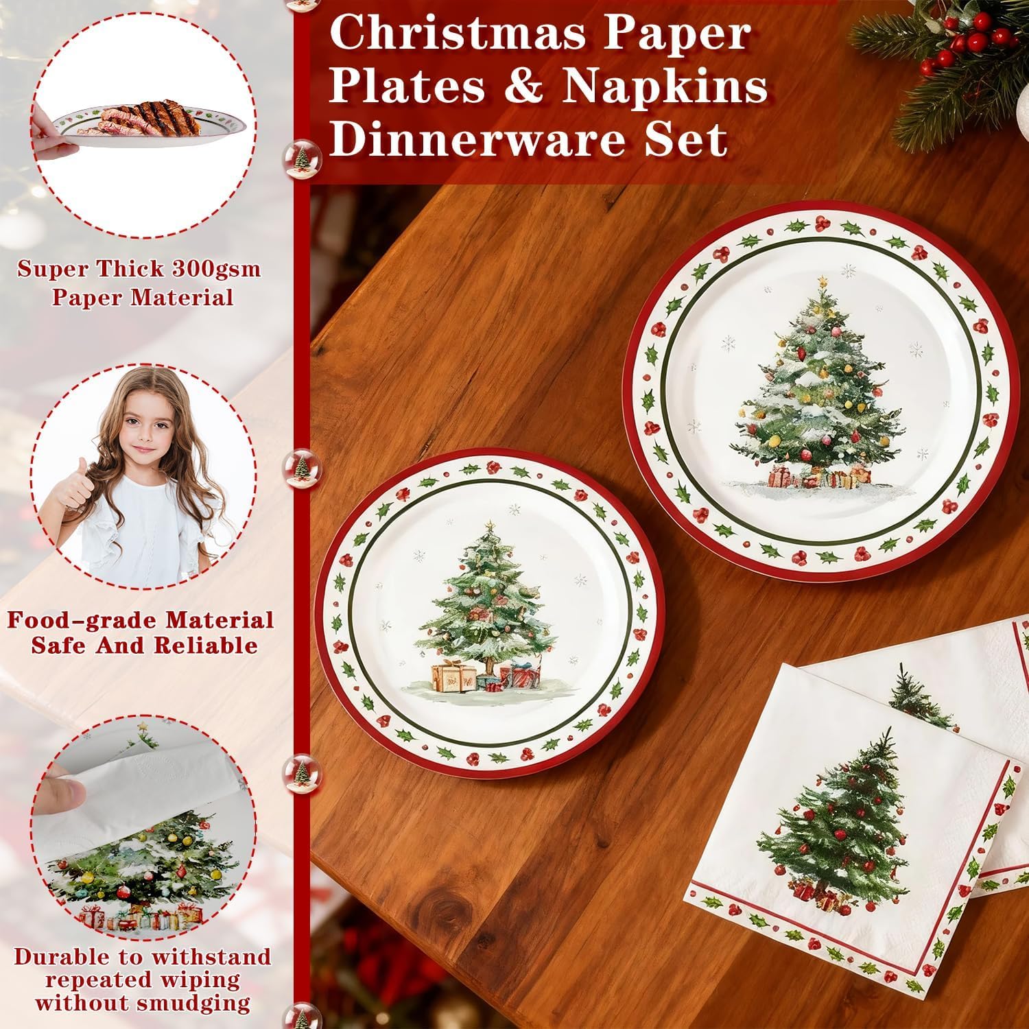 150Pcs Christmas Paper Plates and Napkins Dinnerware Set, Heavy Duty Christmas Tree Dinner plates Disposable Party set, Red White and Green Tableware for Winter Xmas Wedding Party Supplies, Serves 50