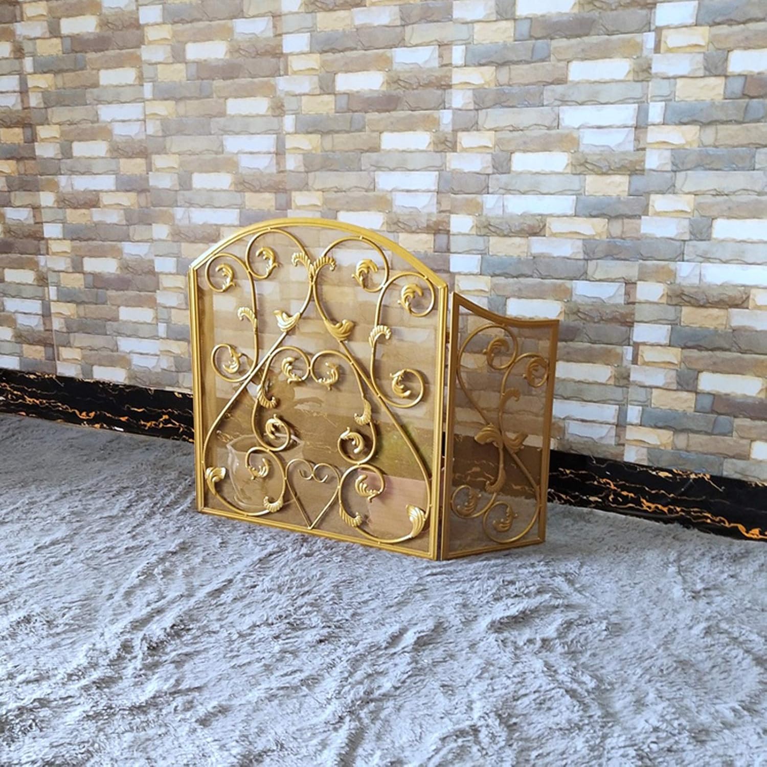 Fireplace Screen Panel Indoor Fireplace Screen 3 Panel Retro Metal Decorative Mesh Cover Fireplace Screen Fence Small Screen Spark Guard Home Decoration Fire Safety (Color : Gold)