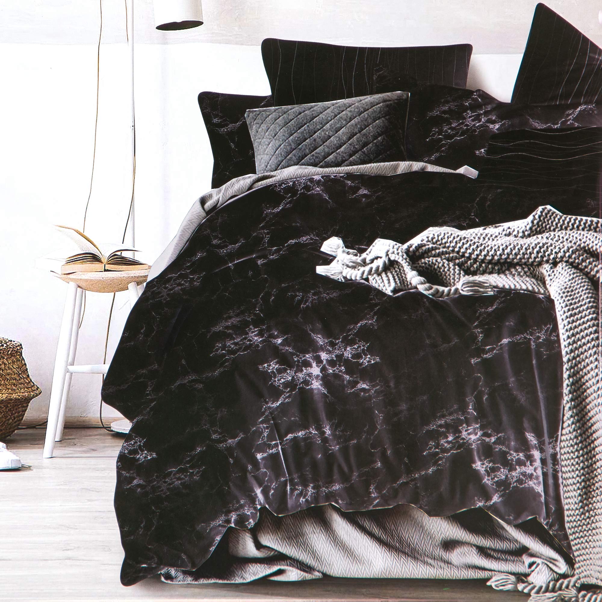 Rezlan UAE- Deluxe Duvet Cover Set - Black Granite - Double and Queen size Bedding Set (4 pieces): Duvet Cover: 200x200cm- Fitted Sheet: 180x200cm - 2X Pillowcase: 50x75cm - bed set - queen quilt case