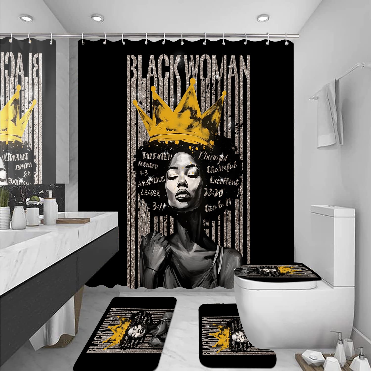 Omebero 4Pcs Praying Black Queen Shower Curtain Set, Inspirational Quote Afrcian American Woman Shower Curtains with Rugs Toilet Lid Cover Bath Mat, Waterproof Independence Day Bathroom Decor Sets