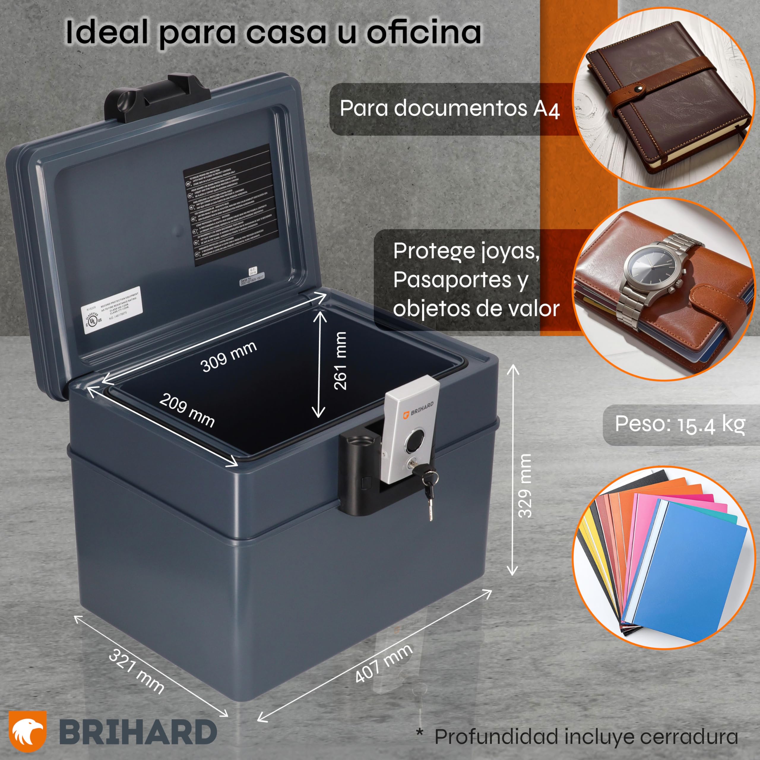 Caja Fuerte Portátil Certificada 2037 A4 XXL – Ignífuga e Impermeable con Cerradura de Llave – Para Documentos, Objetos de Valor y Archivos A32.9×An40.7×P32.1 cm