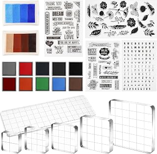 22pcs Acrylic Stamp Block Tools Set,Include 6 Acrylic Clear Stamps Blocks with Grid Lines,4 Clear Silicone Stamps Seals,12 Stamp Ink Pads for DIY Scrapbooking Crafts Card Making