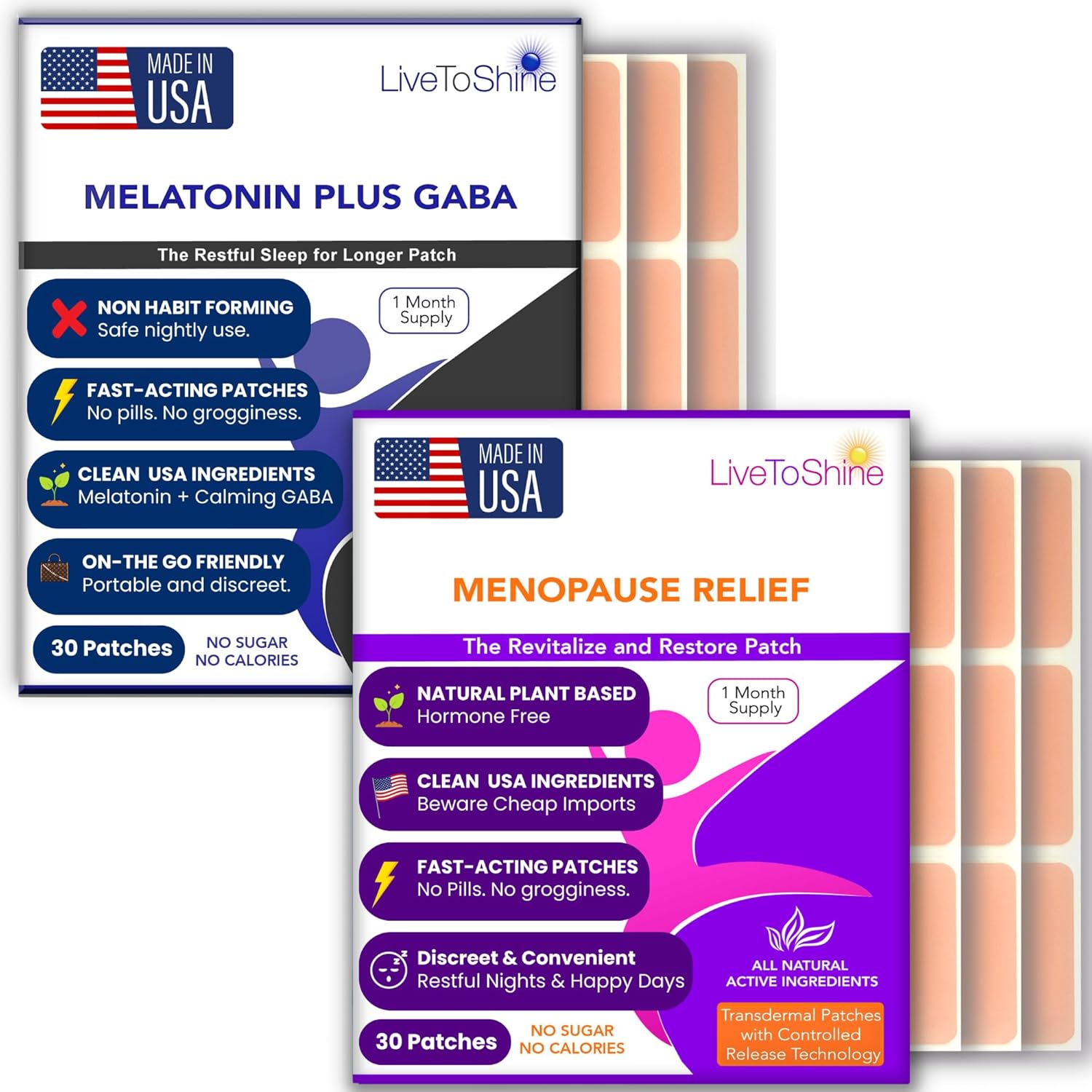 Menopause Relief and Melatonin Sleep Patch Bundle - 2 Packs - Hot Flashes, Night Sweats, Mood Swings Relief Plus Restful Sleep Patches - 30 Day Supply Per Pack (60 Patches) - USA Made by Live To Shine