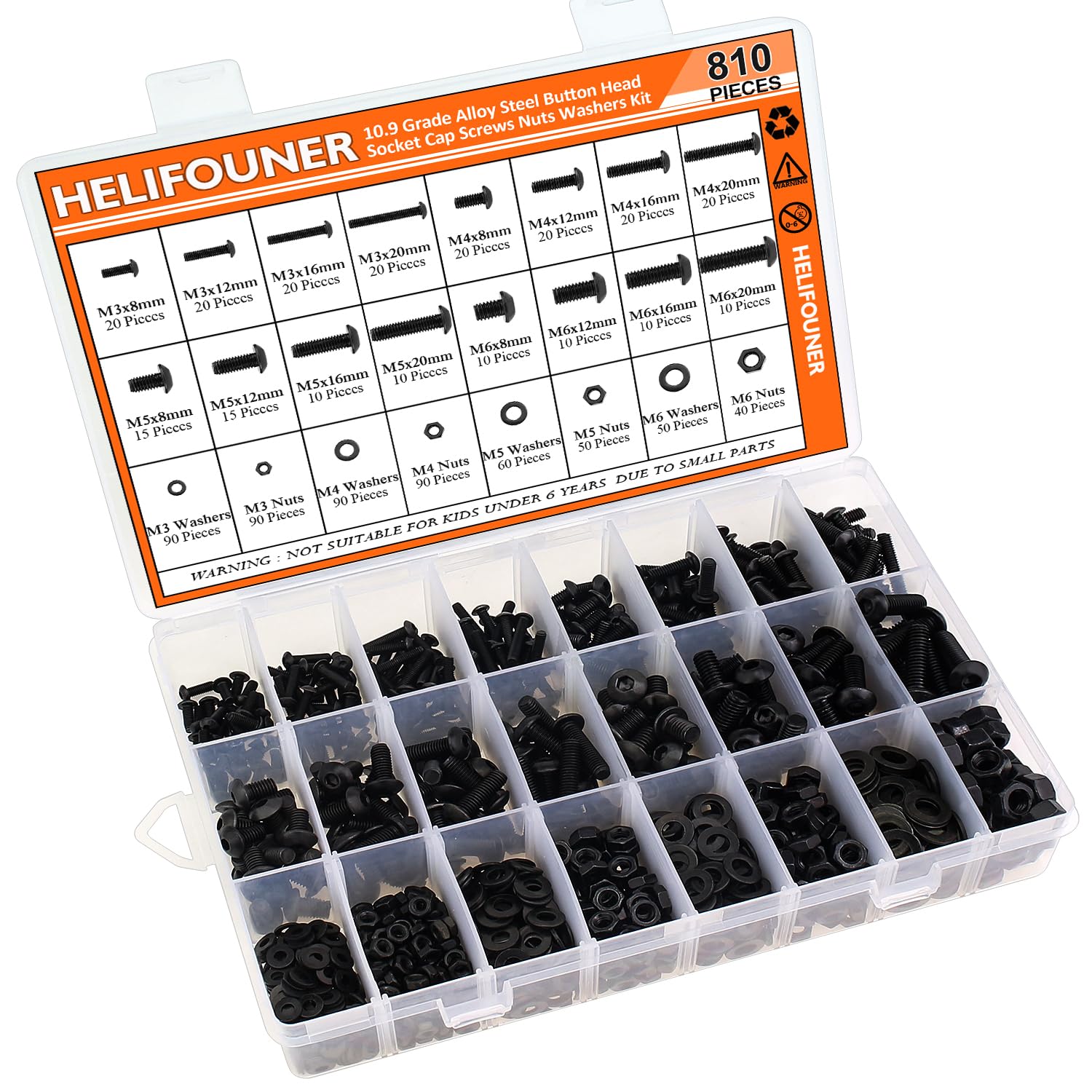 HELIFOUNER 810 Pieces M3 M4 M5 M6 Button Head Socket Cap Screws Bolts Washers Nuts Kit with Hex Wrenches, 10.9 Grade Alloy Steel, Full Threaded, Black