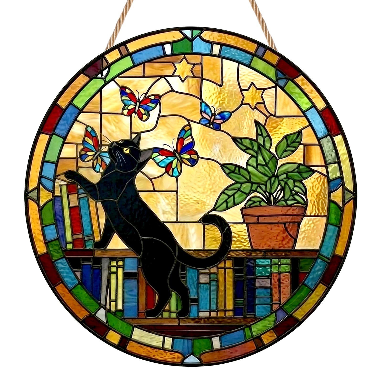 Black Cat Sun Catchers for Windows, Stained Glass Suncatchers with Books and Cat, Acrylic Window Hanging Decor, Cat Garden Ornaments Outdoor for Cats Lovers