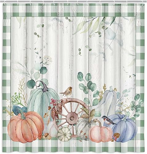 Miniatura 5 de Cortina de ducha de calabaza de otoño, otoño, cosecha de Acción de Gracias, calabazas rústicas, cortinas de decoración de baño, a cuadros, verde
