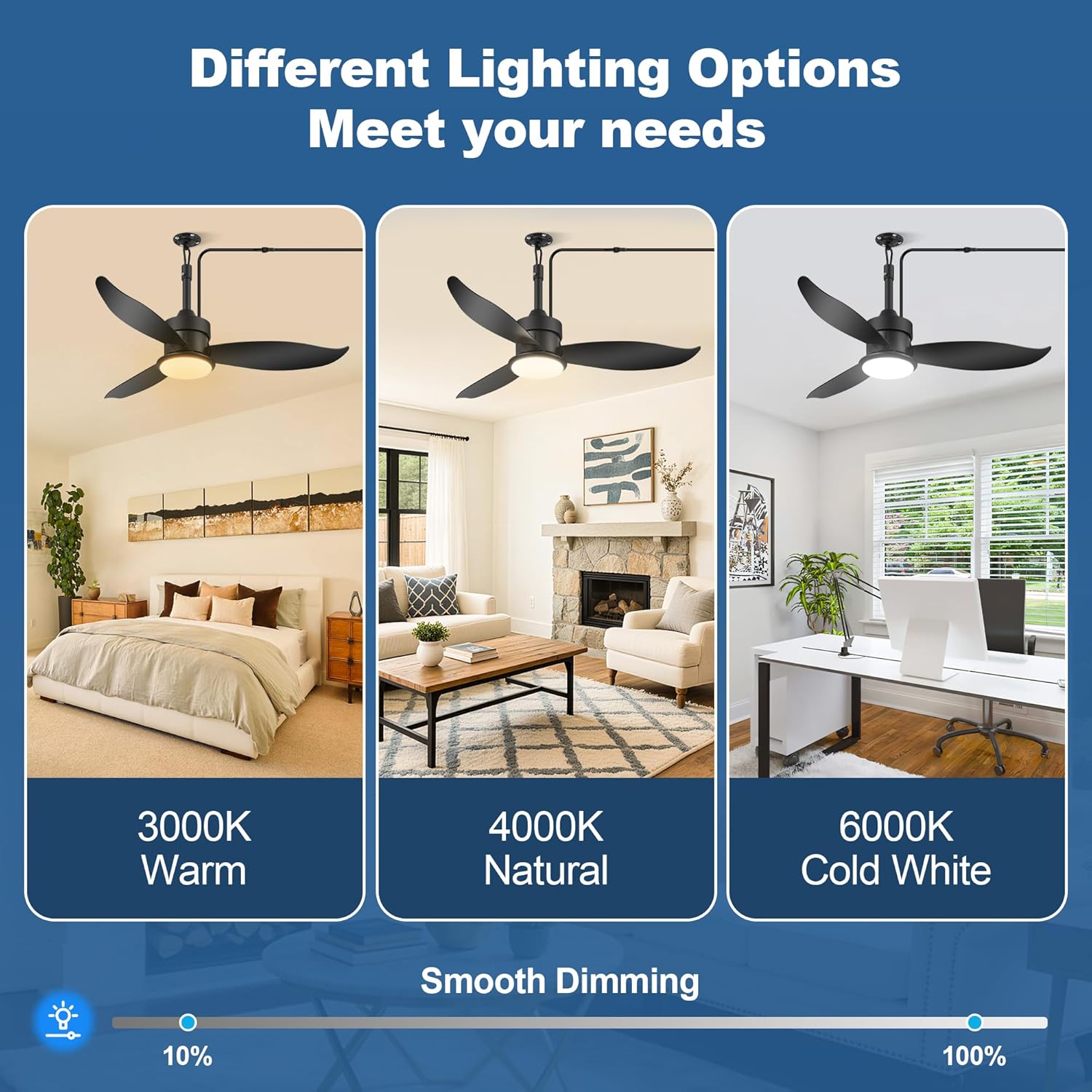 36" Outdoor Ceiling Fan with Light, Plug in Ceiling Fan for Patio with 16FT Cord, IP44 Waterproof, Dimmable 3CCT, 6 Speeds DC Motor, Hanging Fan for Gazebo Pergola Porch,Black