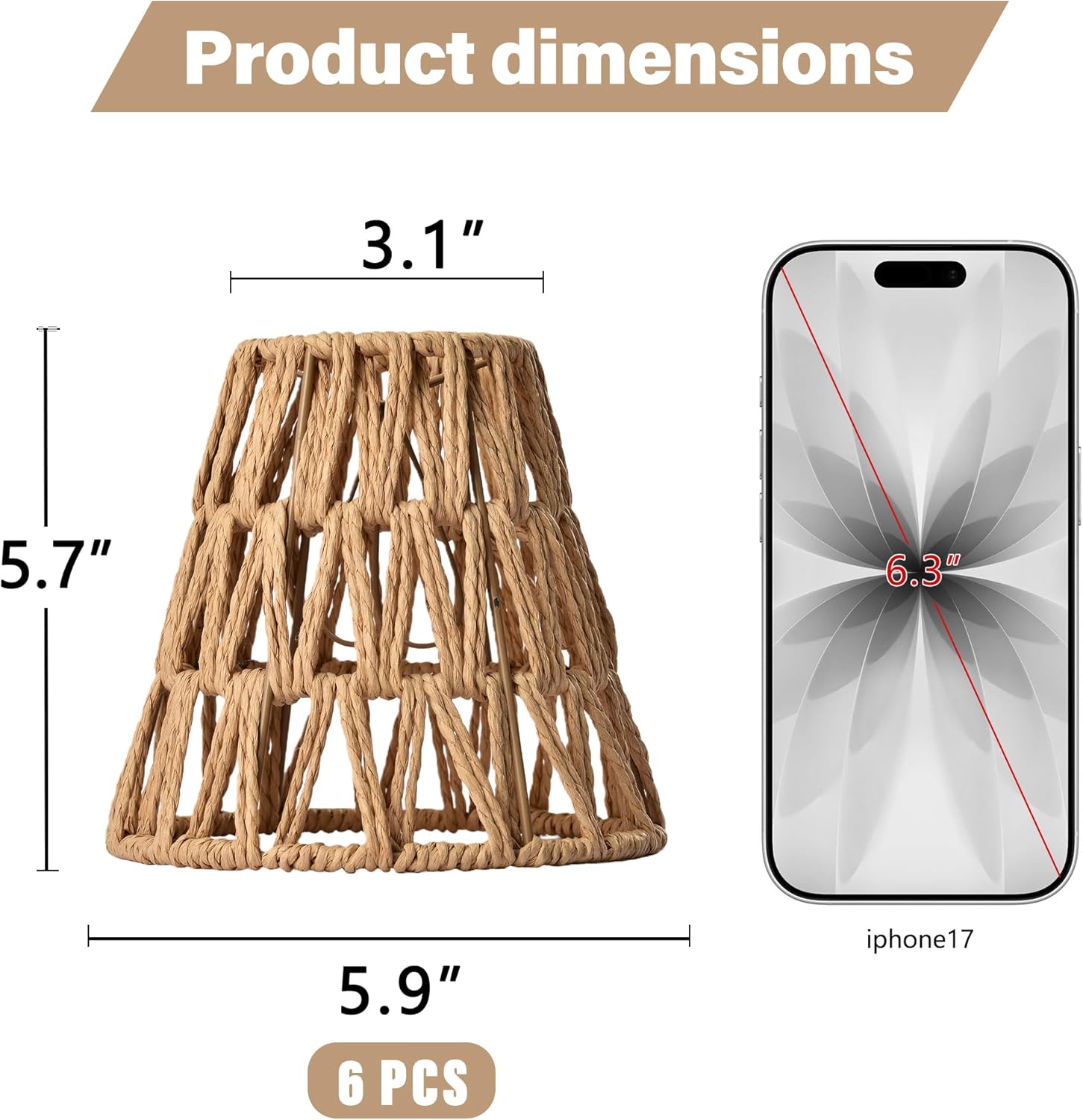 Chandelier Shades Set of 6 Clip-On, Handwoven Rattan Small Empire Lamp Shades 3.1" x 5.9" x 5.7" for E12 Candelabra Bulbs, Natural Hemp Rope Light Covers for Chandeliers, Wall Sconces, Table Lamps