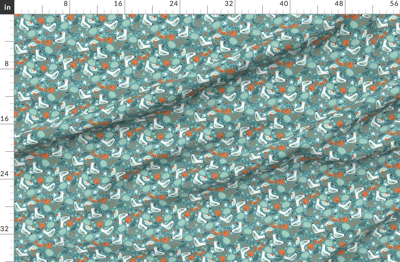 Spoonflower Fabric - Summer Seaside Sea Beach Ocean Small Teal Scale Print Seagulls Crabs Printed on Organic Cotton Sateen Fabric by The Yard - Sewing Quilting Apparel Home Decor