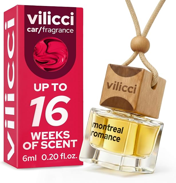 Vilicci Montreal Romance Voiture Air Refroidisseur – Parfum de voiture élégant et doux & Éliminateur d'odeur, Diffuseur de voiture suspendu longue durée, végétalien, sans cruauté, conforme à l'IFRA, jusqu'à 120 Jours de fragrance