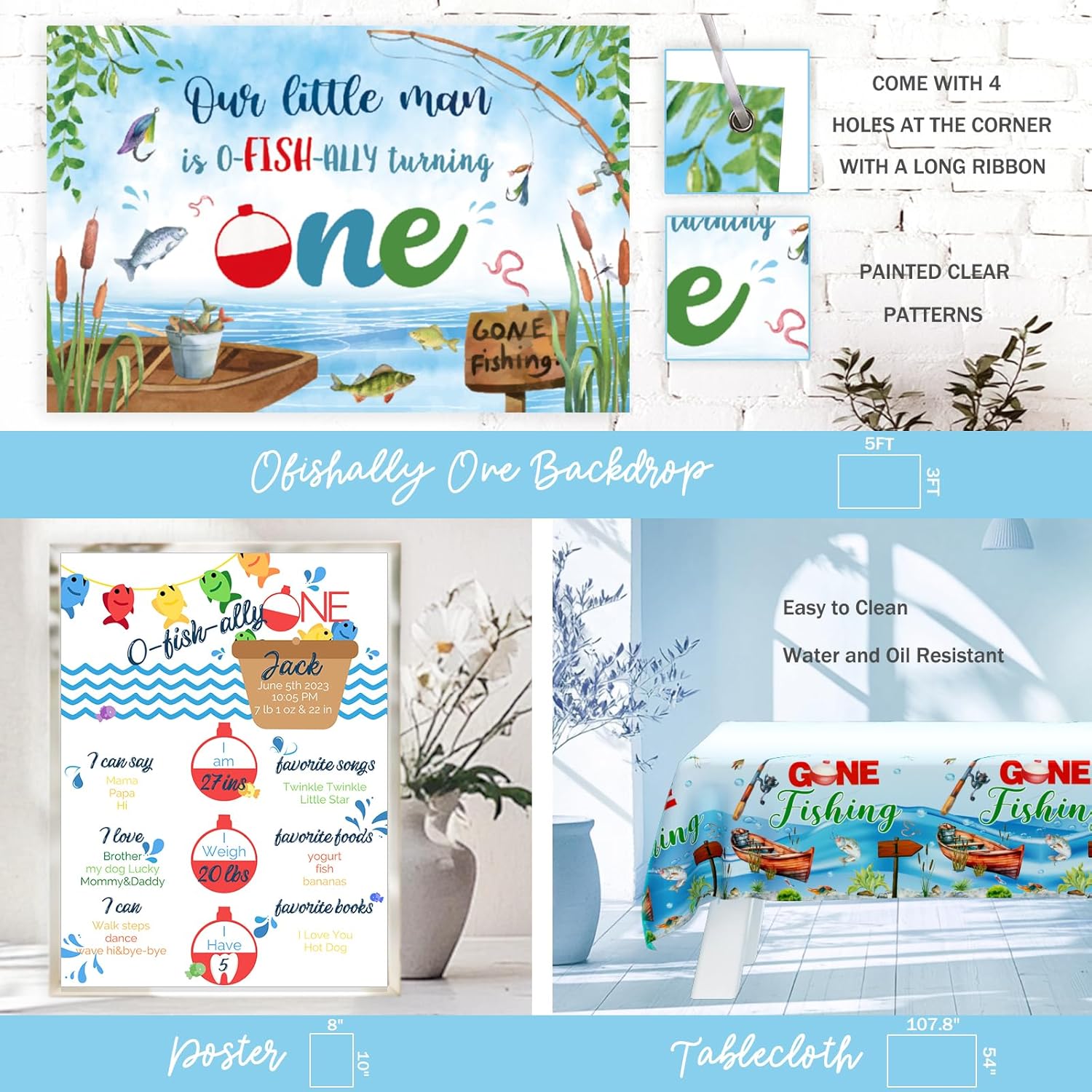 Ofishally One Birthday Decorations, 103 PCs - Gone Fishing 1st Birthday Party Supplies with Fish First Backdrop, Balloon Garland, Banners, Paper Lanterns, Poster - Image 4