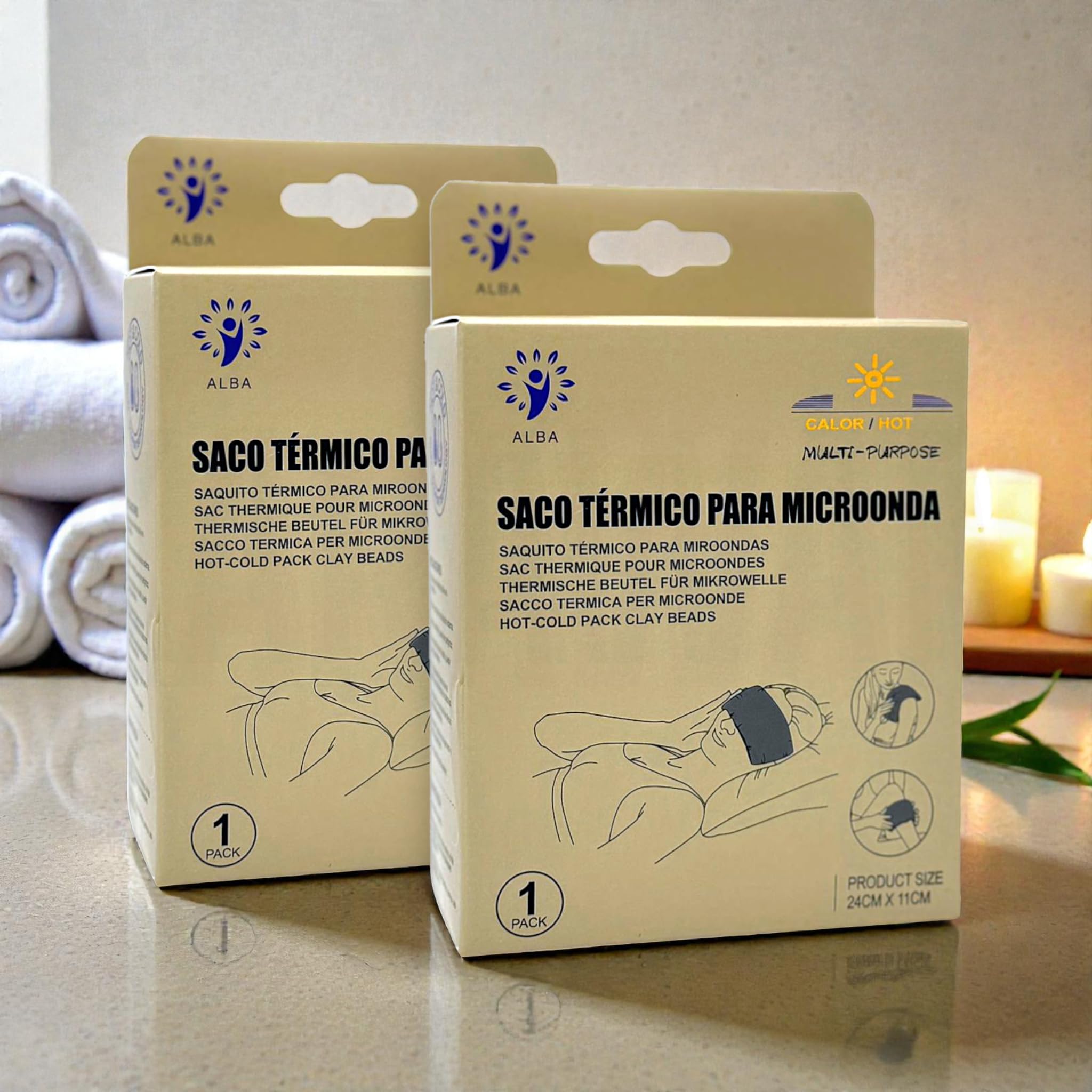 Alba Saco Térmico Multiusos de Semillas Naturales y Arcilla, Terapia de Frío y Calor, Blanco Crema, 20x20 cm, Reutilizable, Algodón, Pack de 2 (Rostro)