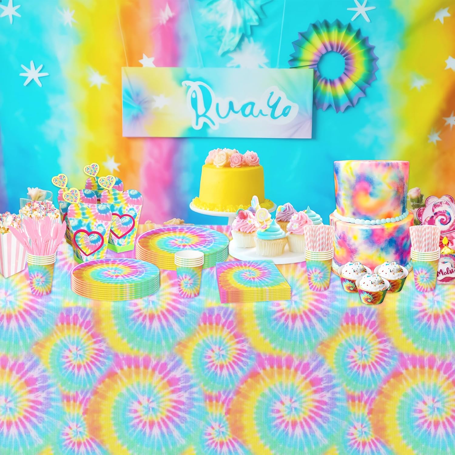 Tie Dye Party Decorations Tableware - Pastel Tie Dye Birthday Party Supplies, Plate, Cup, Napkin, Tablecloth, Cutlery, Girls Tie Dye 1st 2nd 3rd Birthday Baby Shower Decorations, Serve 24