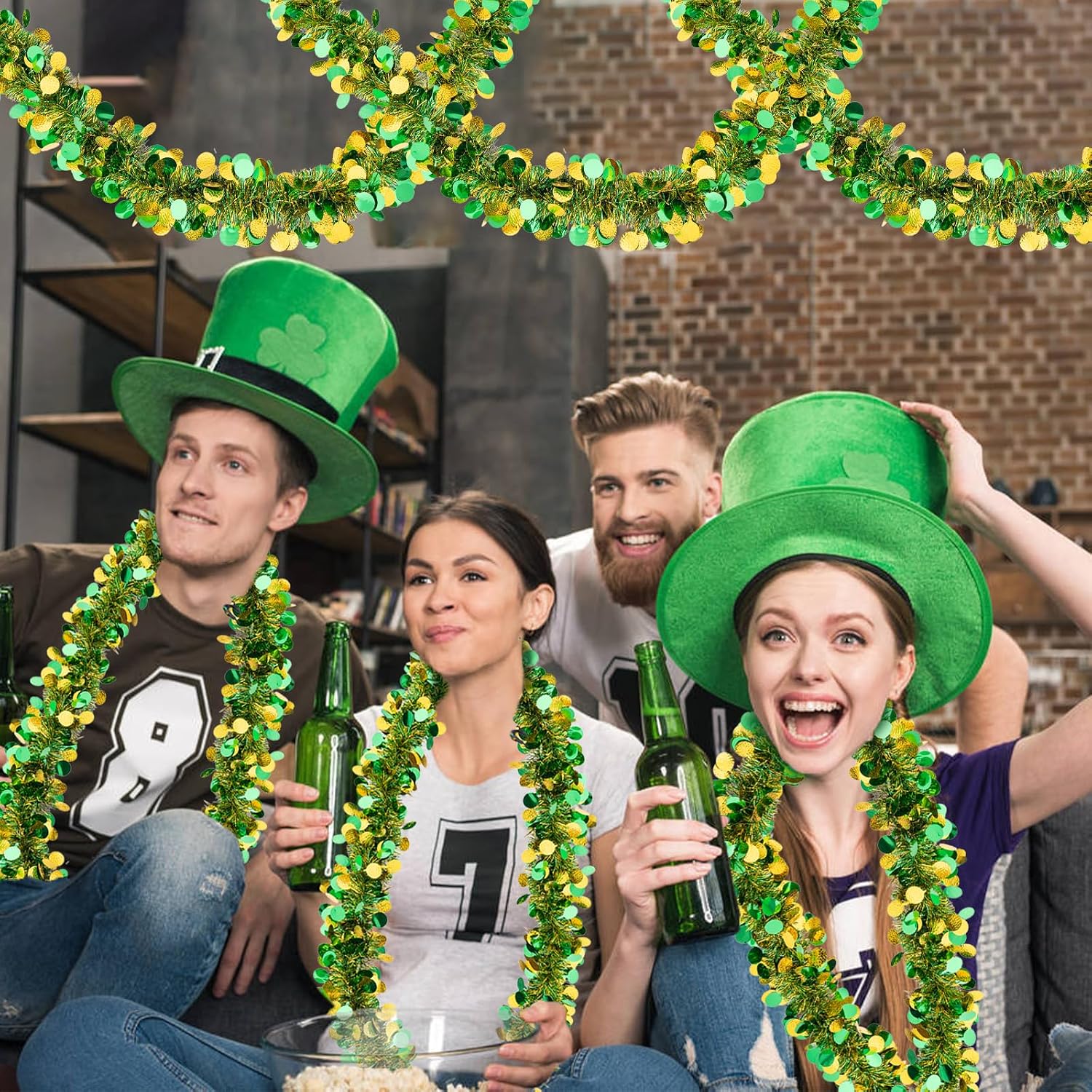 33FT St. Patrick's Day Tinsel Garland, Green Gold Metallic Twist Foil Tinsel Garland with Shiny Lucky Coin Ornament Hanging Garland for St. Patrick's Day Birthday Party Indoor Outdoor Decoration