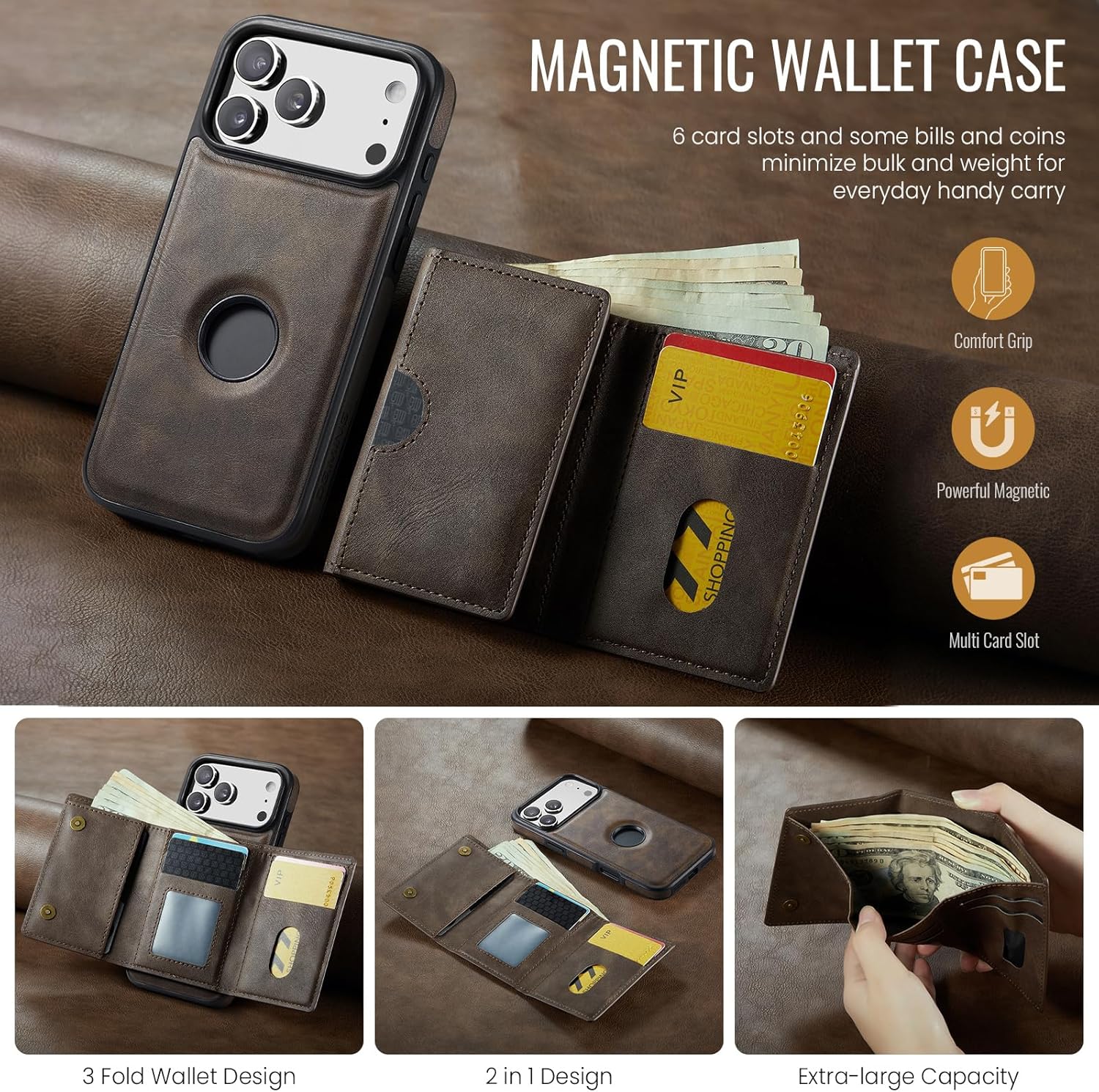 Asuwish Phone Case for iPhone 17 Pro Max 6.9 inch Wallet Magnetic Detachable Cell Cover with Wireless Charging and RFID Blocking Credit Card Holder Flip i Phone17 17Pro i17 ProMax 17ProMax Men Coffee