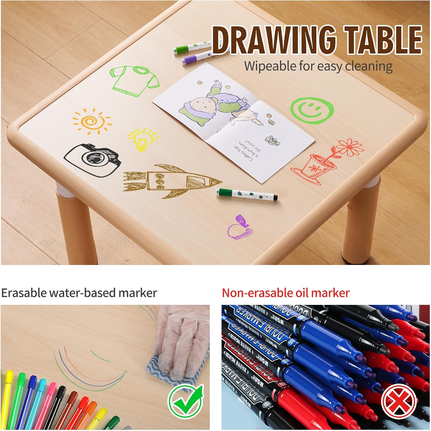 UNICOO Kids Table and Chair Set, Height Adjustable Toddler Table and Chair Set, Graffiti Desktop Multi-Activity Desk, Ideal for Kids 2-8, Classrooms/Daycares/Homes