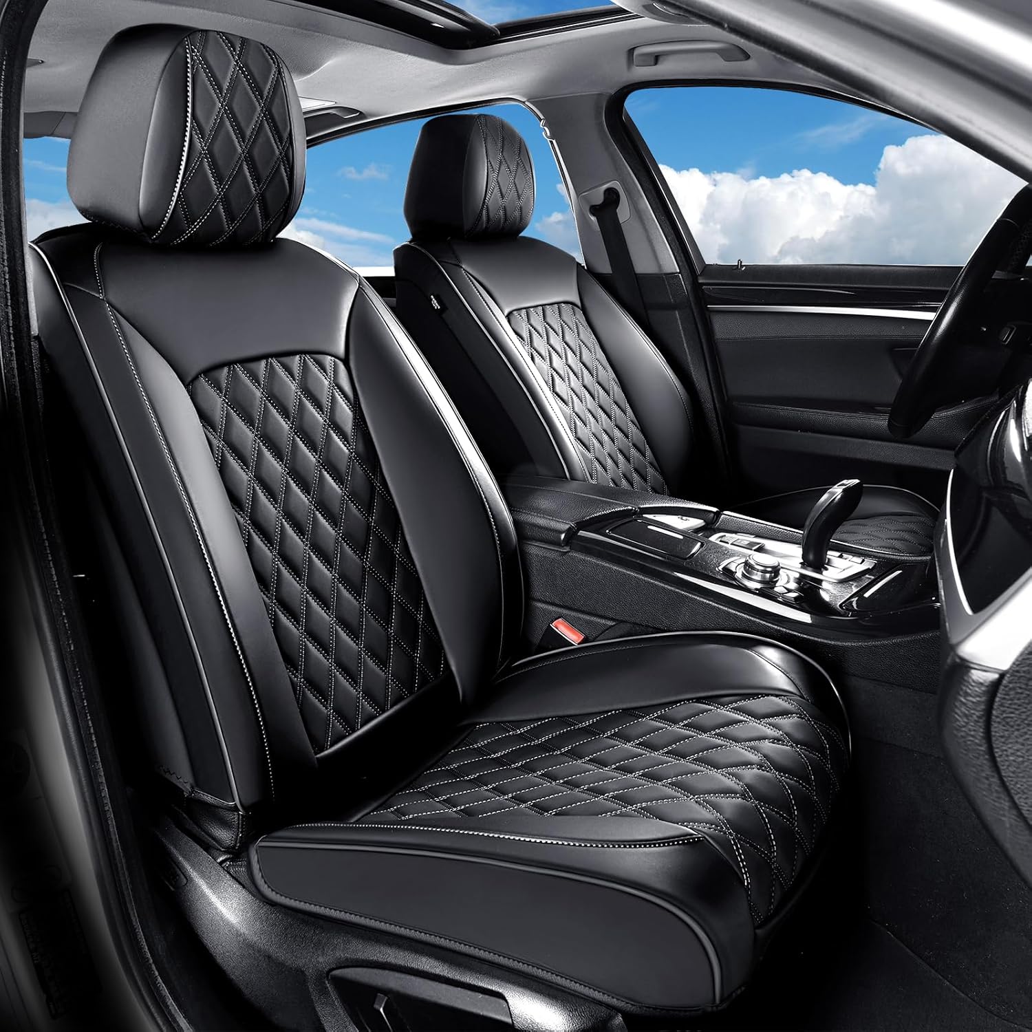 Huidasource Front Seat Covers, 5 Layers Car Seat Covers Front Seats, Driver Seat Cover Leather, Front Seat Cover 360 Full Package Universal Fit for Most Cars, Vans, Trucks, SUVs (Front Pair/Black)