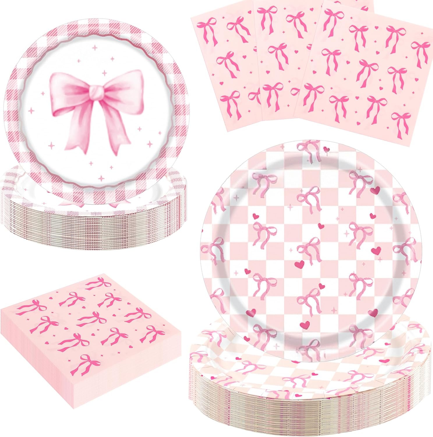 150PCS Pink Bow Birthday Party Decorations - Coquette Paper Plates and Napkins for 50 Guests, Elegant Disposable Tableware Supplies for Bachelorette, Baby Bridal Shower, Engagement, Tea Party
