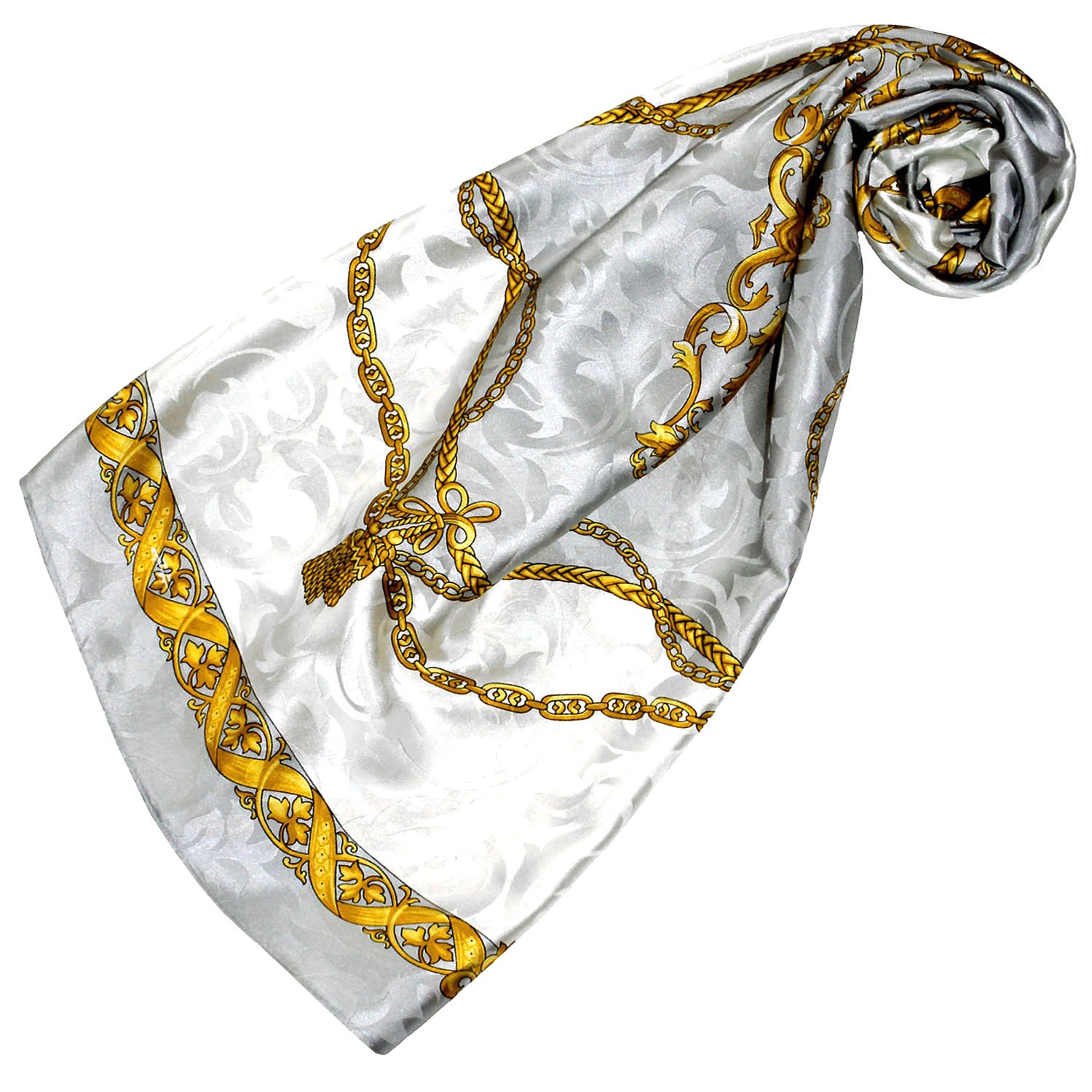 LORENZO CANA Foulard damas de 100% soie pour la femme – écharpe damas, carré avec les mesures de 88 x 88 cm - un bijou noble pour le printemps et l´été – brillant en argente gris blanc or