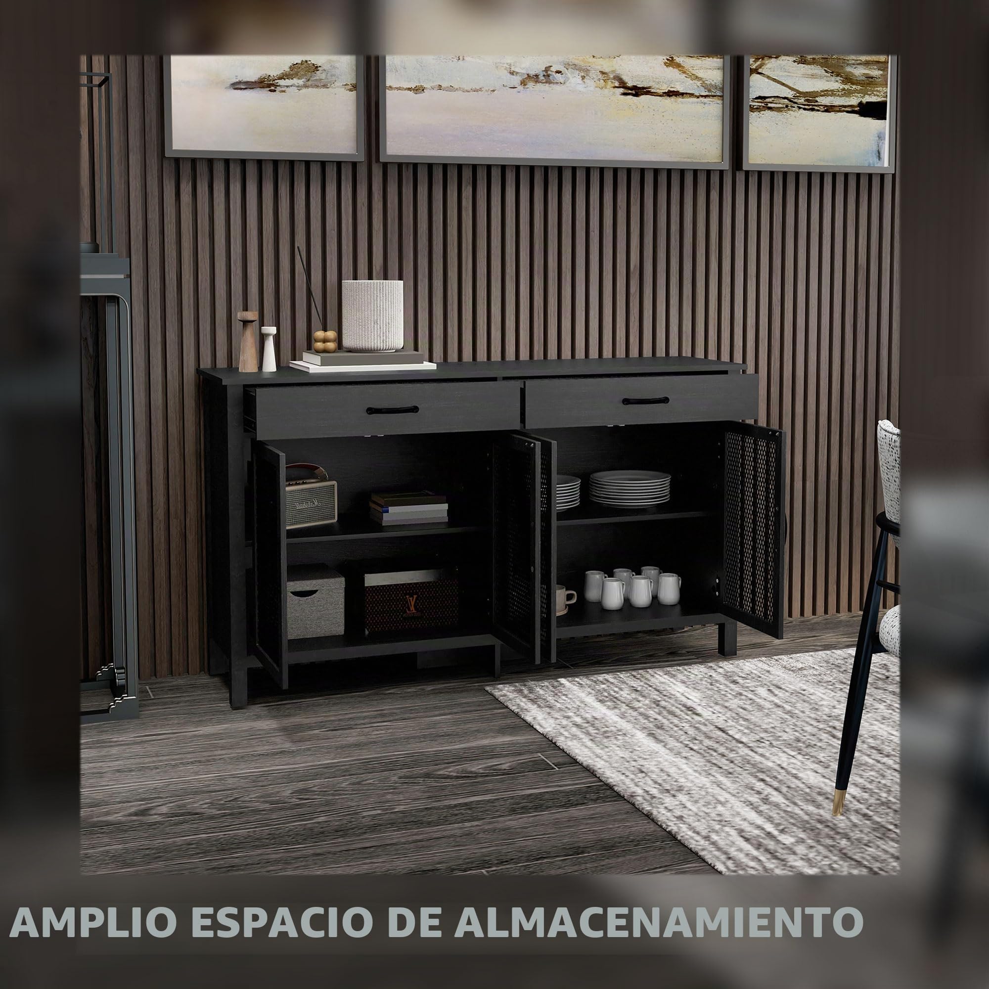 HOMCOM Mueble Aparador Bajo Armario de Almacenaje, 4 Puertas con Estantes Ajustables y 2 Cajones, Estilo Industrial, 150 x 40 x 85 cm, Color Negro