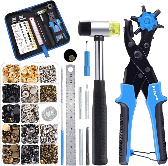 Leather Hole Punch, Preciva Revolving Belt Hole Puncher Tool, Adjustable Belt Puncher Plier with 6 Holes, Heavy Duty Hole Punch with Ruler for Leather, Plastics, Belt (Blue)