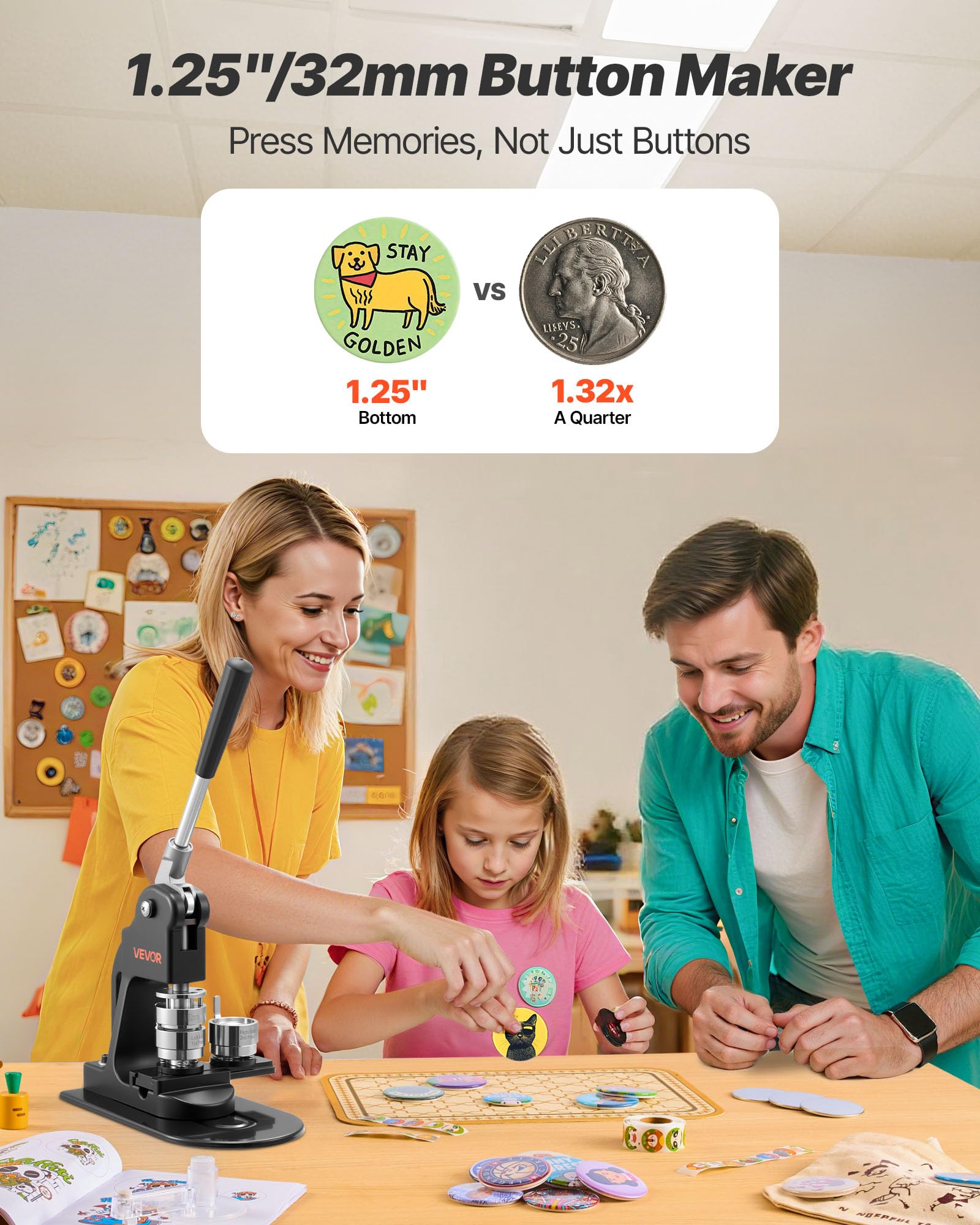 VEVOR Máquina para Hacer Insignias de 32 mm, Máquina para Fabricar Chapas 500 Juegos de Botones, Mango Ergonómico Reforzado, para Crear Insignias, Pines Personalizados, Llaveros, Chapas, Negro