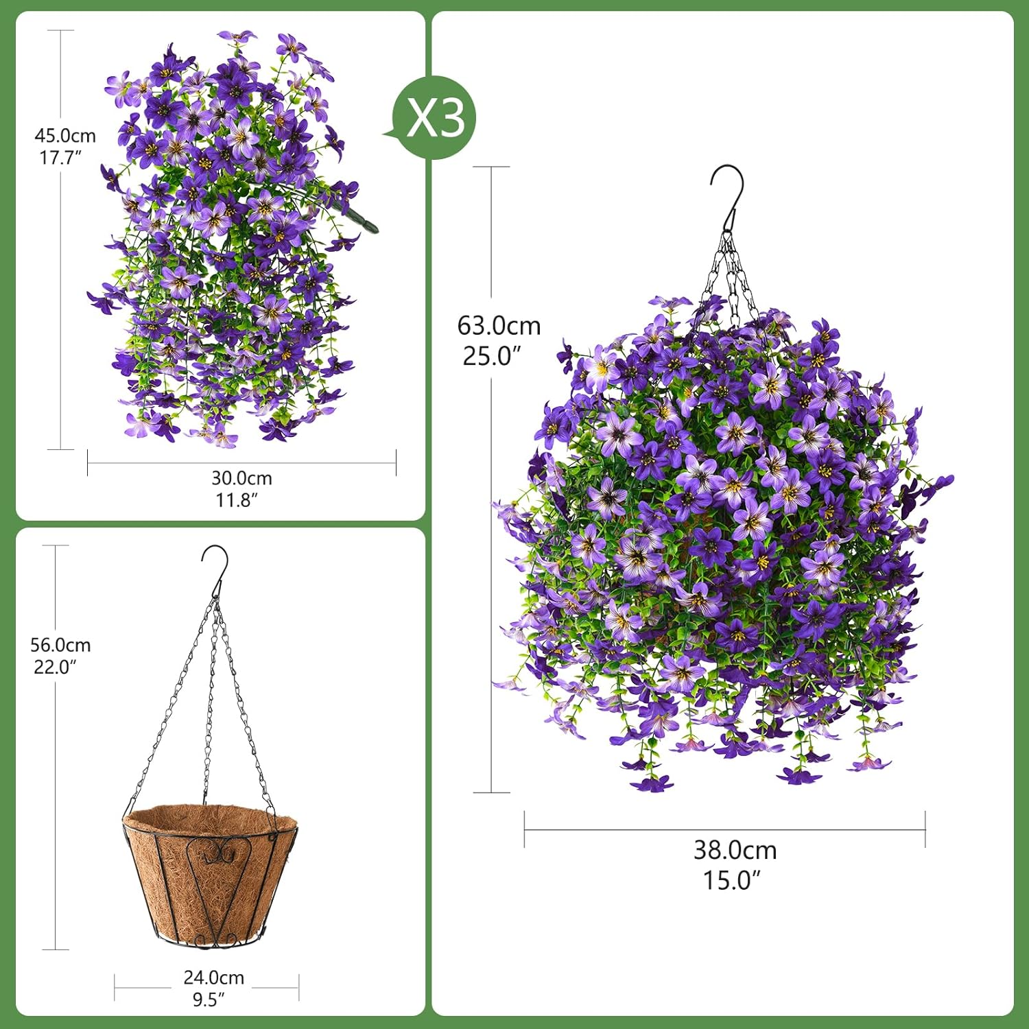Artificial Faux Hanging Flowers Plants Baskets for Outdoors Fake 3 Bundles Silk in Planter UV Resistant for Porch Patio Balcony Garden Yard Home Decor (3Pcs Purple,1Pcs Hanging Basket)
