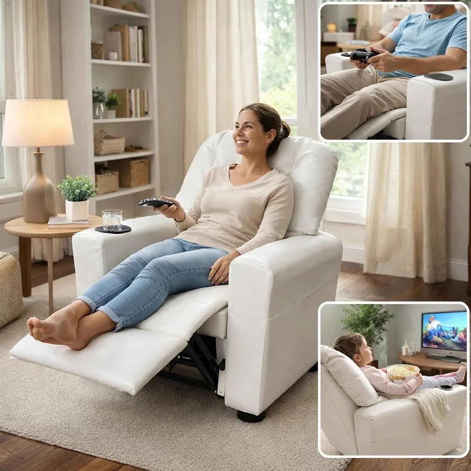 Benjara Nik 22 Inch Youth Recliner Chair, Cup Holder, Padded Seat and Back, White