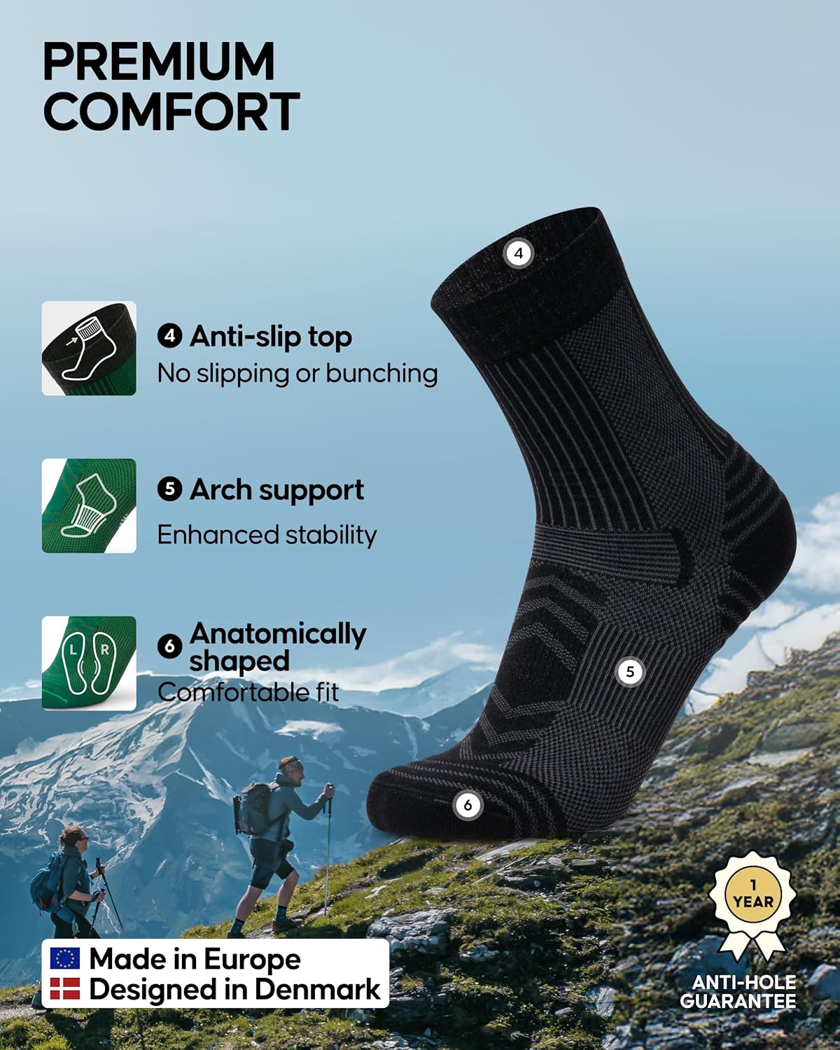 DANISH ENDURANCE Lightweight Merino Wool Hiking Socks, Thin Breathable Summer Walking Socks for Men & Women, 3 or 5-Pack