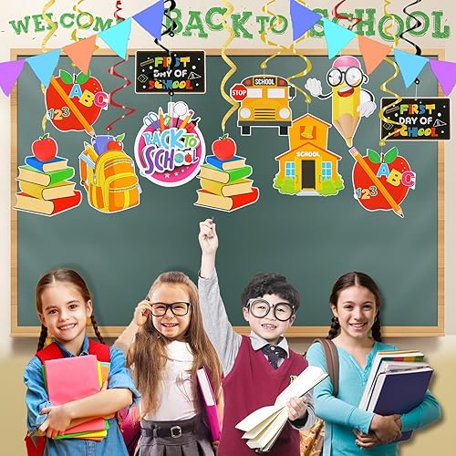 Miniatura 5 de KIMOBER 30 piezas de decoración de remolinos colgantes de regreso a clases, primer día de escuela, decoración colgante de remolinos de techo para