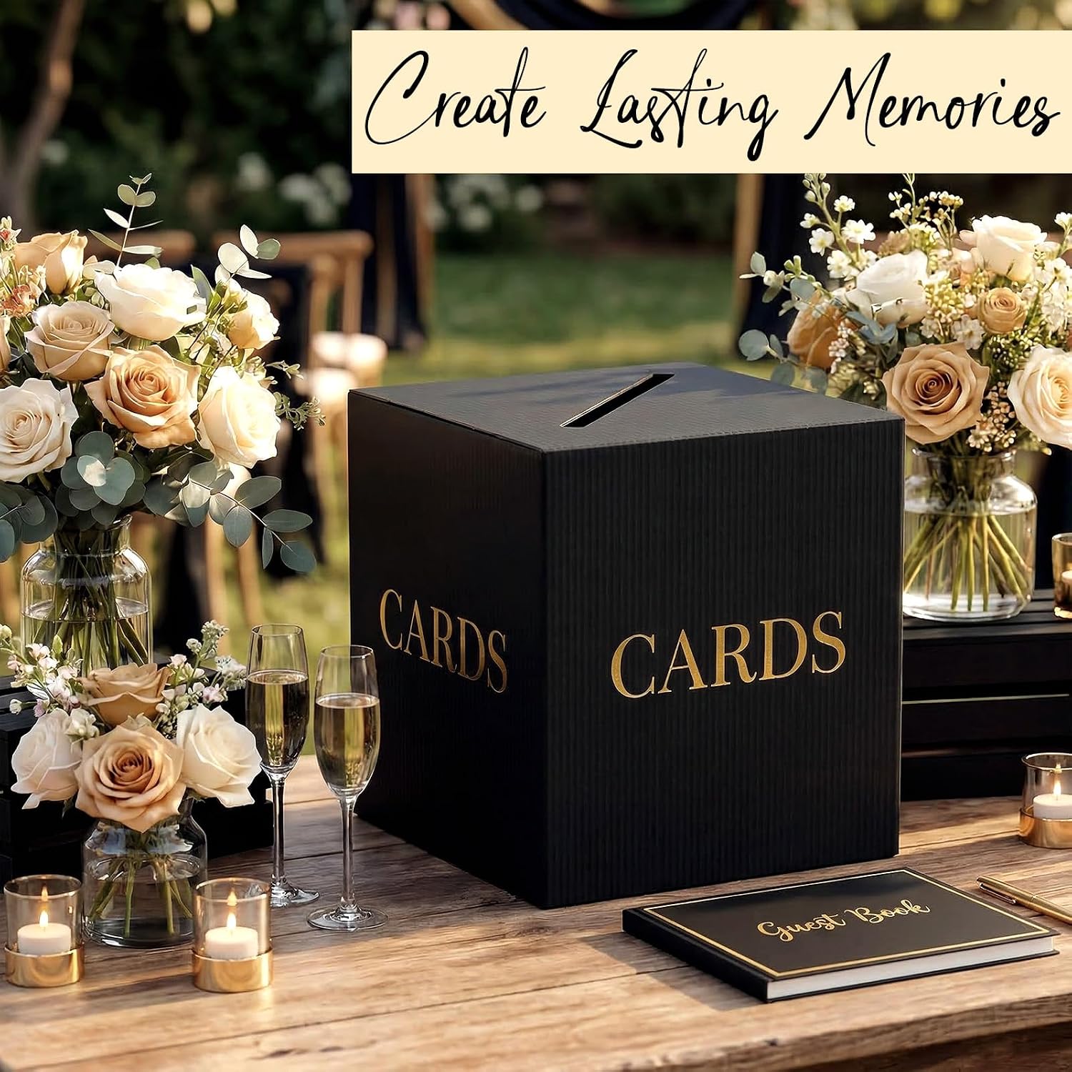 Large Black & Gold Wedding Card Box for Party Reception, Thick Cardboard Money Envelope Cards Holder Gift Box with Slot for Bridal Shower, Graduation, Funeral Memorial, Birthday Party Decorations