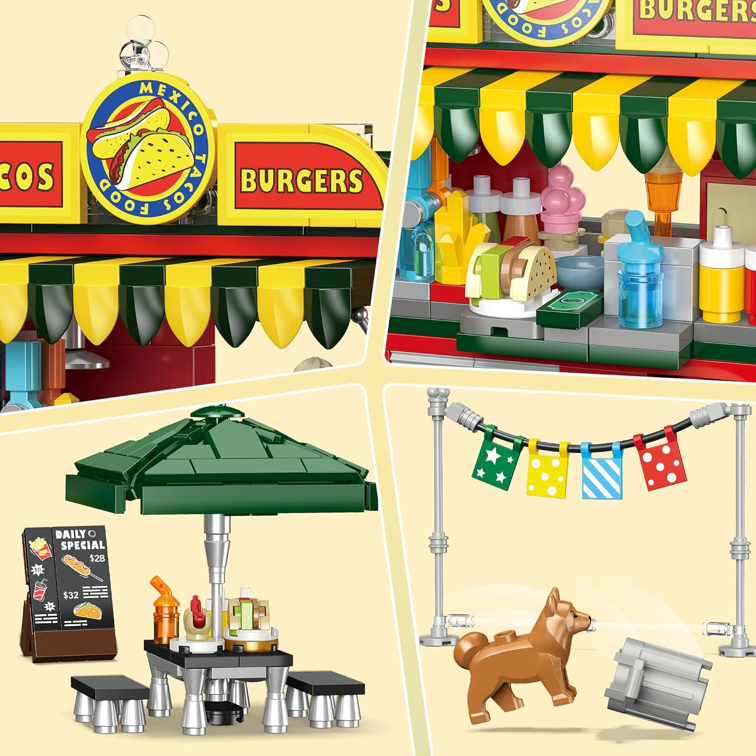 Taco Food Truck Building Set, Building Toy Pretend Play Set for Kids, Girls and Boys, Dining Table & Chair, Menu, Hot Dog, Sauces, Fun Gift Idea for Birthdays & Holidays, Friend Building Time