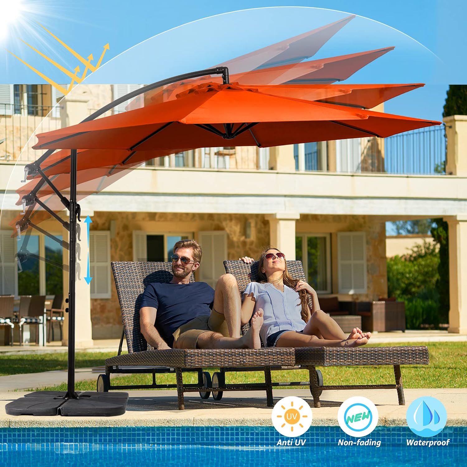 MEWAY 10ft Outdoor Umbrella Patio Offset Cantilever Umbrella, Large Market Deck Pool Backyard Sunshade Umbrella with 8 Sturdy Ribs, Crank & Cross Base
