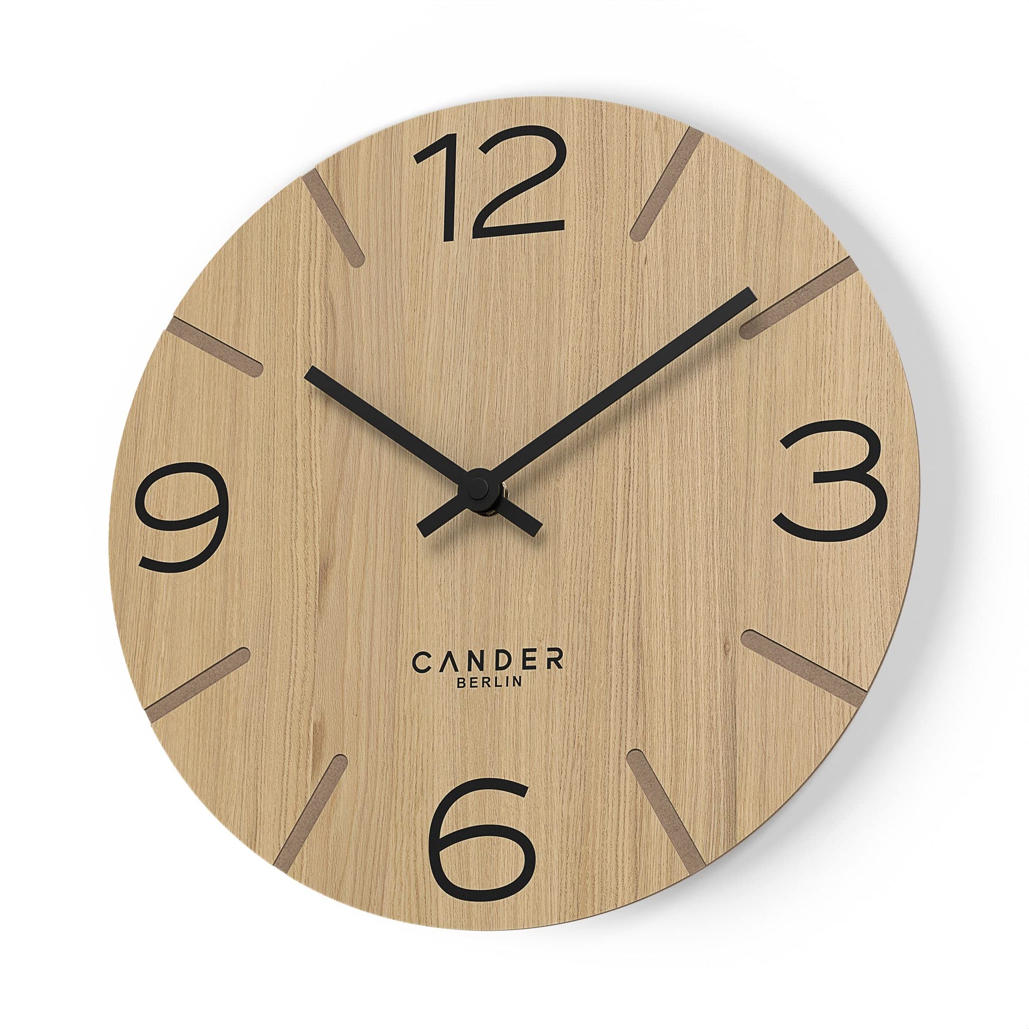 Cander Berlin MNU 2730 I Wanduhr Holz lautlos 30 cm modern Eichenfurnier Vintage ohne Ticken Wohnzimmer Büro Küche analog