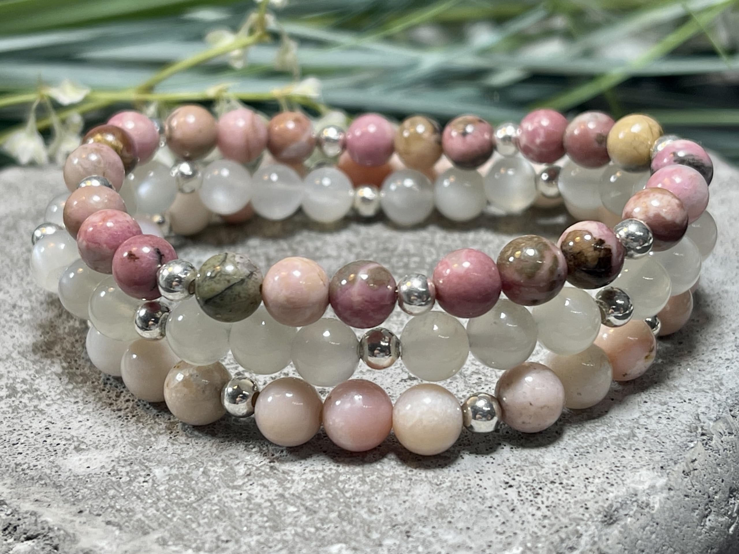 Rosa Opal Armband Perlen echt 6mm mit Edelstahlperlen 4mm Silber Gold Roségold oder Ionisiert - Handmade Perlenarmband Lebenskraft Kreativität und Ruhe - Spiritueller Schmuck Unisex