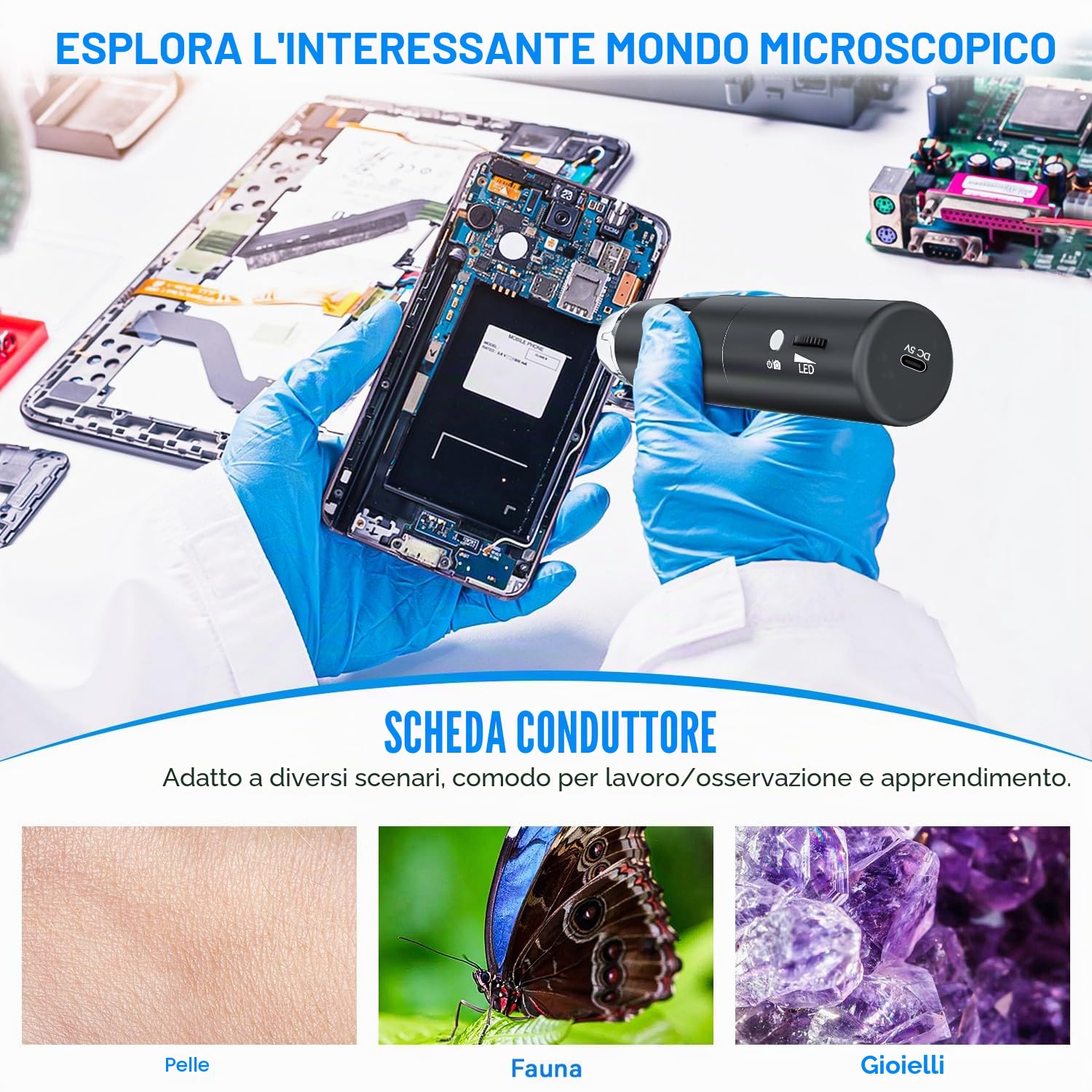 SKYBASIC Microscopio Digitale WiFi, Handy-Microscopio Digitale Portatile con 8 LED Mini Videocamera Compatibile per Android/iOS/Windows/Mac, Ingrandimento da 50X a 1000X 1080P
