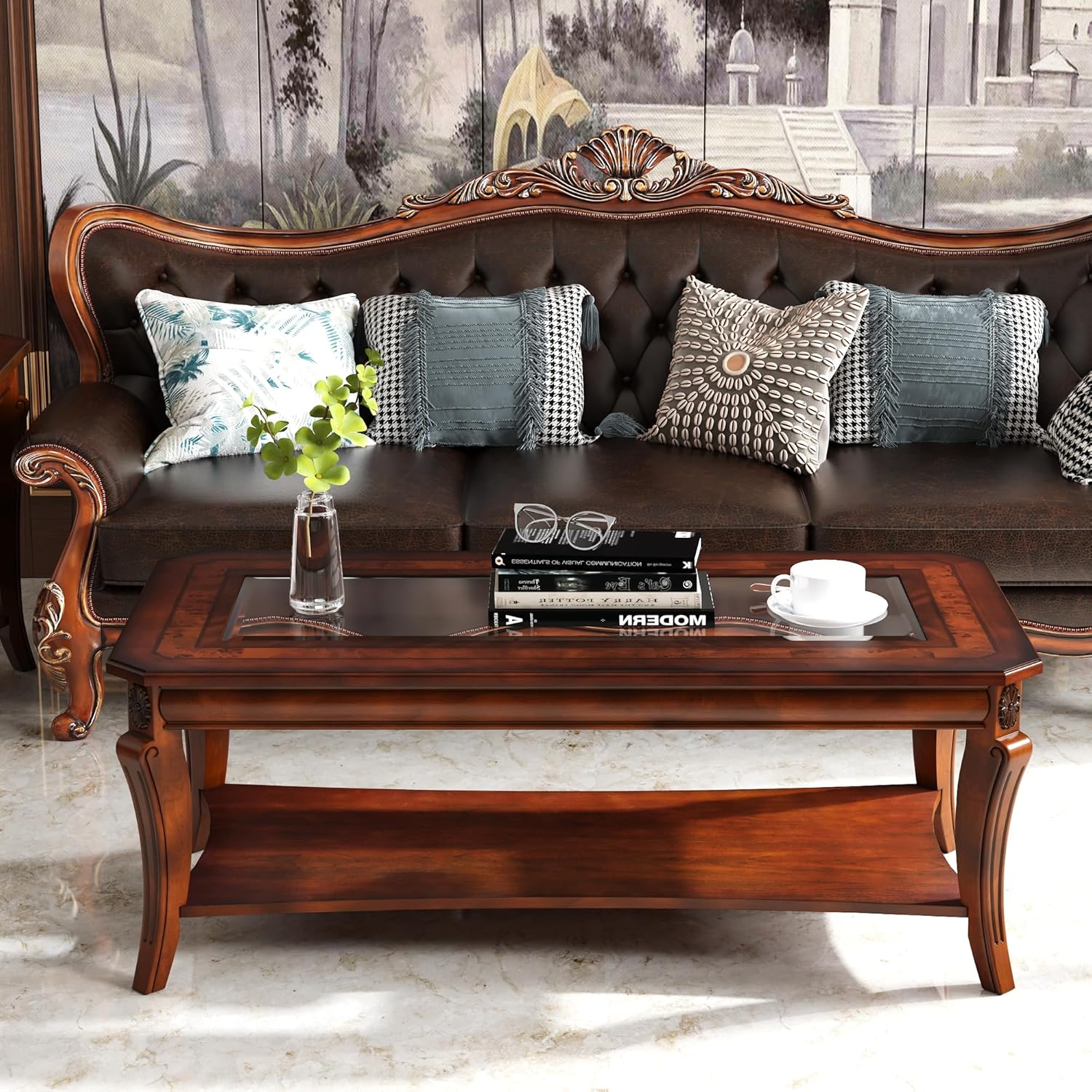 Coffee Table with Tempered Glass Top and Storage Shelf, Farmhouse Living Room Tables with Carved Solid Wood Leg, 47.2”L Rectangular Cocktail Center Table-, Easy Assembly Cherry Brown KFZ-A1168-GT