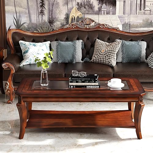 Miniatura 4 de Mesa de centro con parte superior de vidrio templado y estante de almacenamiento, mesas de sala de estar de granja con patas de madera maciza