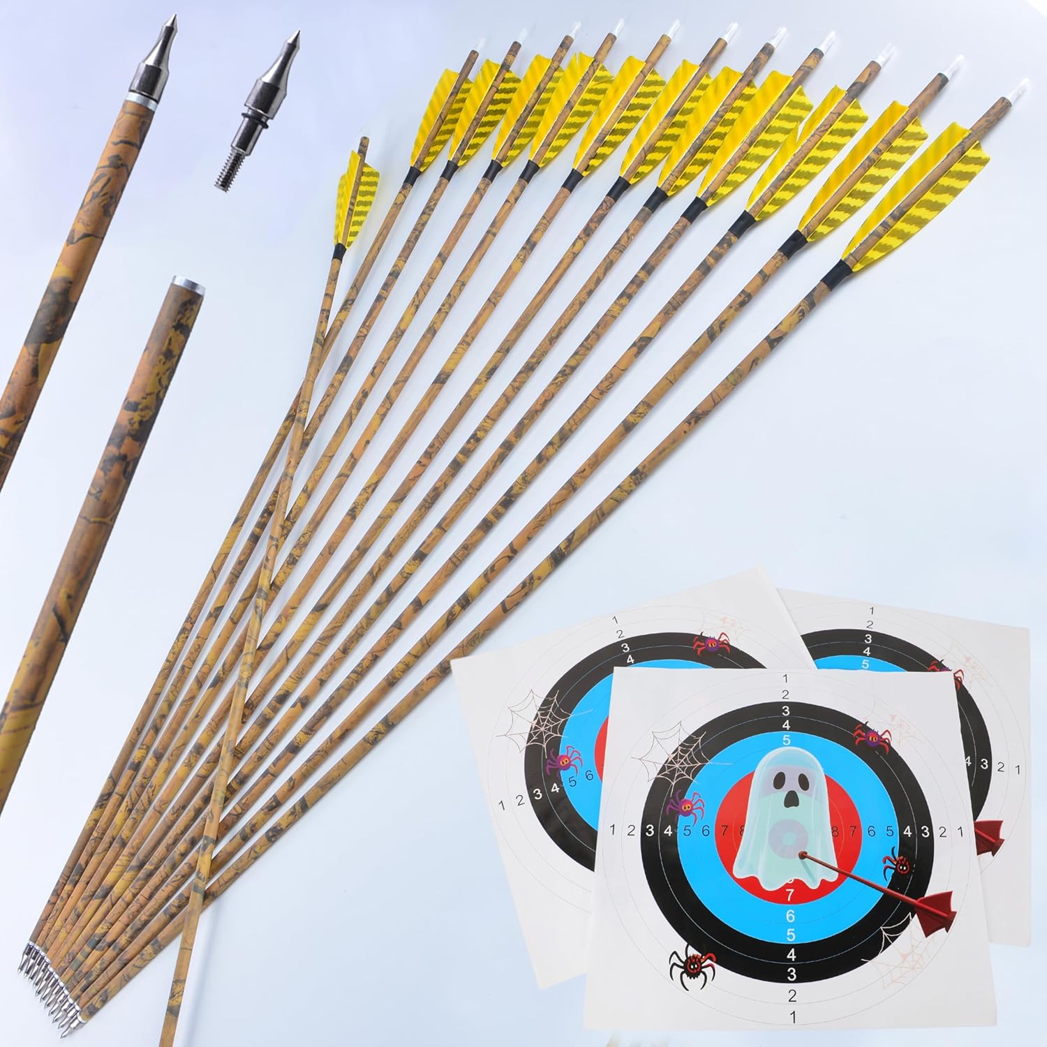 AMEYXGS Camo Carbon Arrow 30 Inch Practice Hunting Arrow Spine 500 with 4 Inch Turkey Feathers for Traditional Recurve Compound Bows