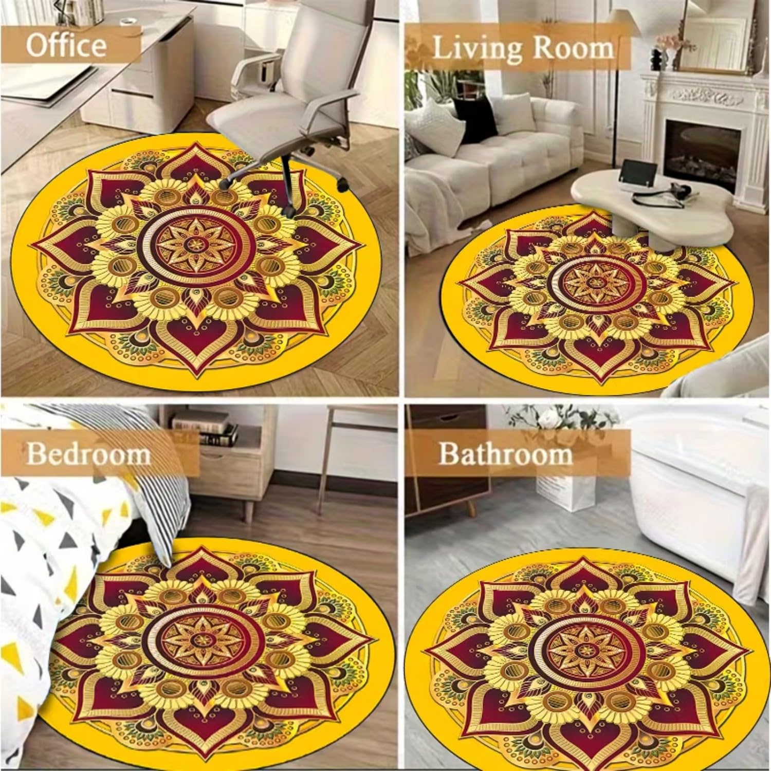 Mandala Rund Teppiche, 100x100cm Gelber, Runder Teppich im Boho Stil Wohn Schlafzimmer, Vintage Teppich Indischen Geometrischen Design, Weicher, Rutschfester, Waschbarer Kurzflorteppich