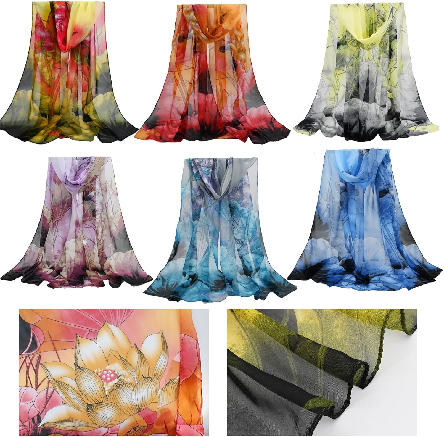 6 Pieces Scarves for Women Ladies Lightweight Silk Gorgeous Floral Pattern Lotus Print Chiffon Scarves - Image 7